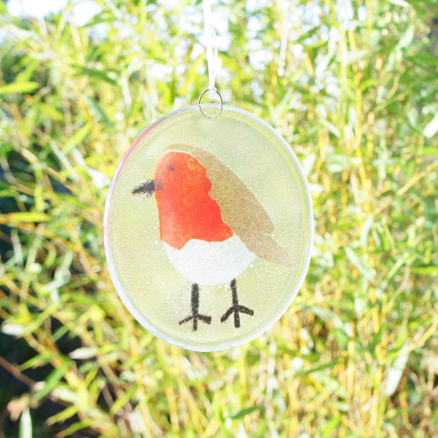 robin round hanging suncatcher hanging ornament	housewarming gifts	garden decor	yard art	fused glass	thank you present	nanny gift	Seal	Glass Suncatcher	sea glass art	first home gift	teenage girl gift	gifts for friends