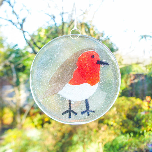 robin round hanging suncatcher hanging ornament	housewarming gifts	garden decor	yard art	fused glass	thank you present	nanny gift	Seal	Glass Suncatcher	sea glass art	first home gift	teenage girl gift	gifts for friends