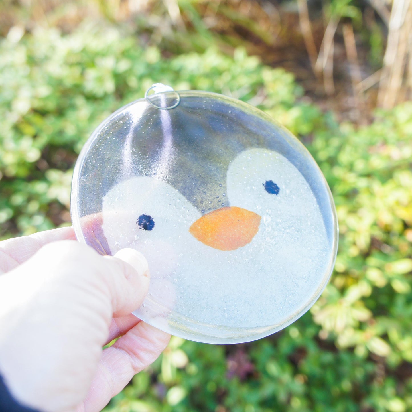 penguin fused glass round hanging ornament with ribbon