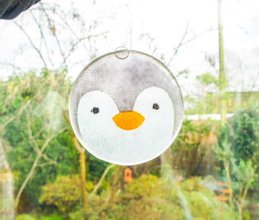 penguin fused glass round hanging ornament with ribbon