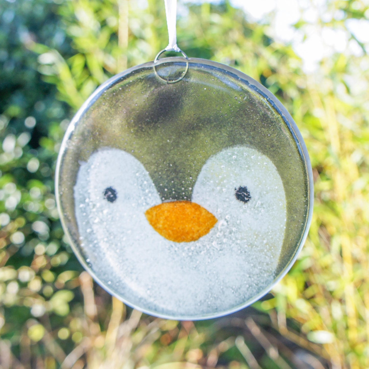penguin fused glass round hanging ornament with ribbon