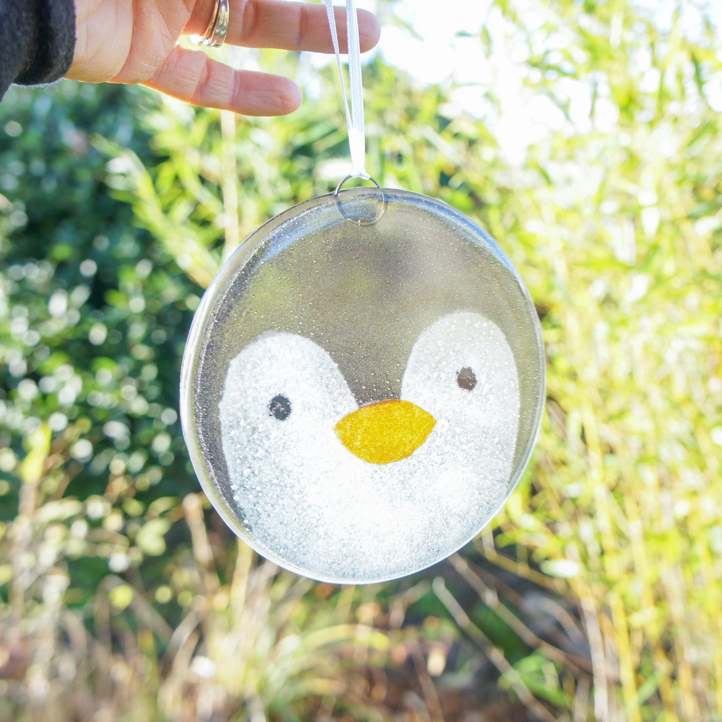 penguin fused glass round hanging ornament with ribbon
