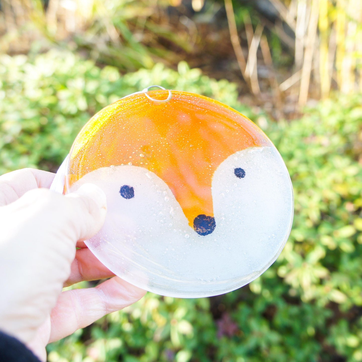 fused glass	hanging ornament	fox art	fox gifts	yard art glass	sea glass art	house warming	nanny gift	Fox	Glass Suncatcher	gift for couple	hostess gift	garden yard