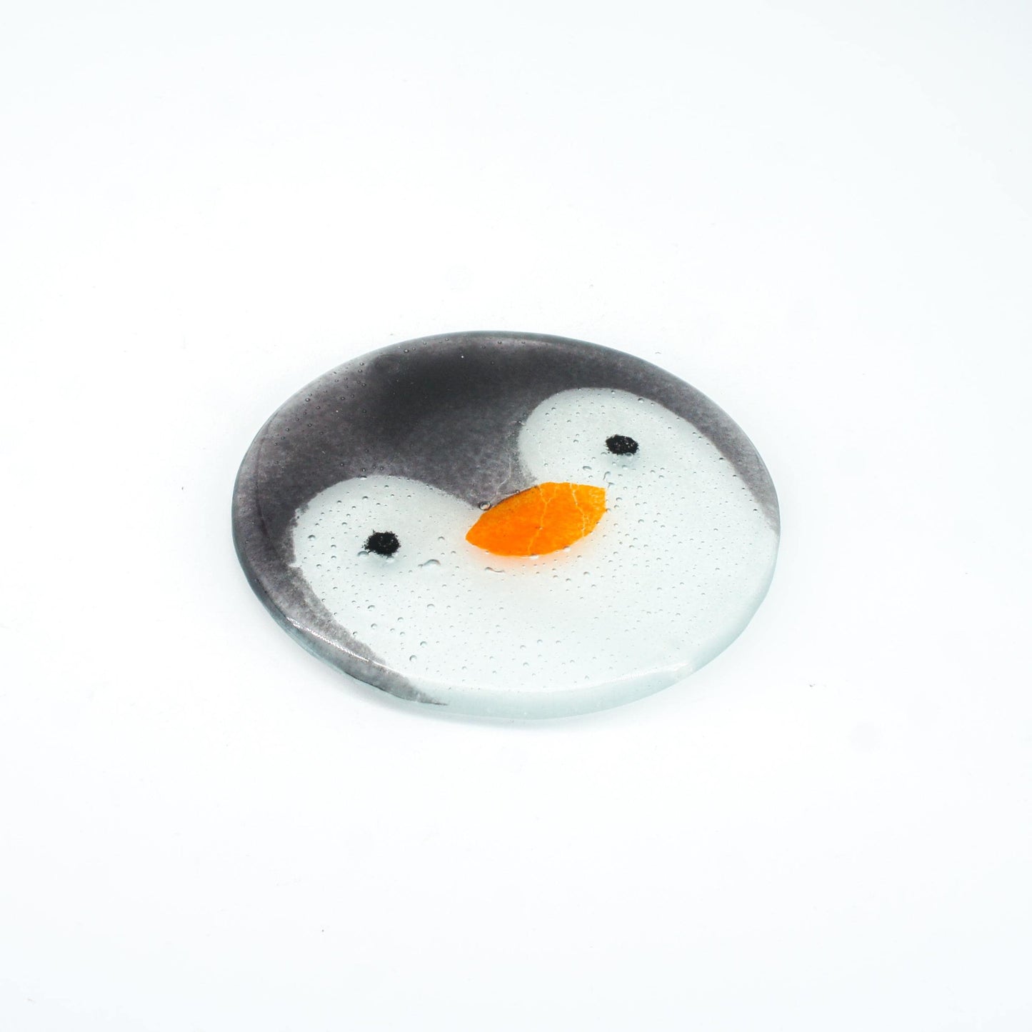 1 penguin face round fused glass coaster, 1 Penguin Fused Glass Coaster 11cm(4 1/3"), penguin face round coaster, sea glass art, single coaster, bird gift, handmade glass