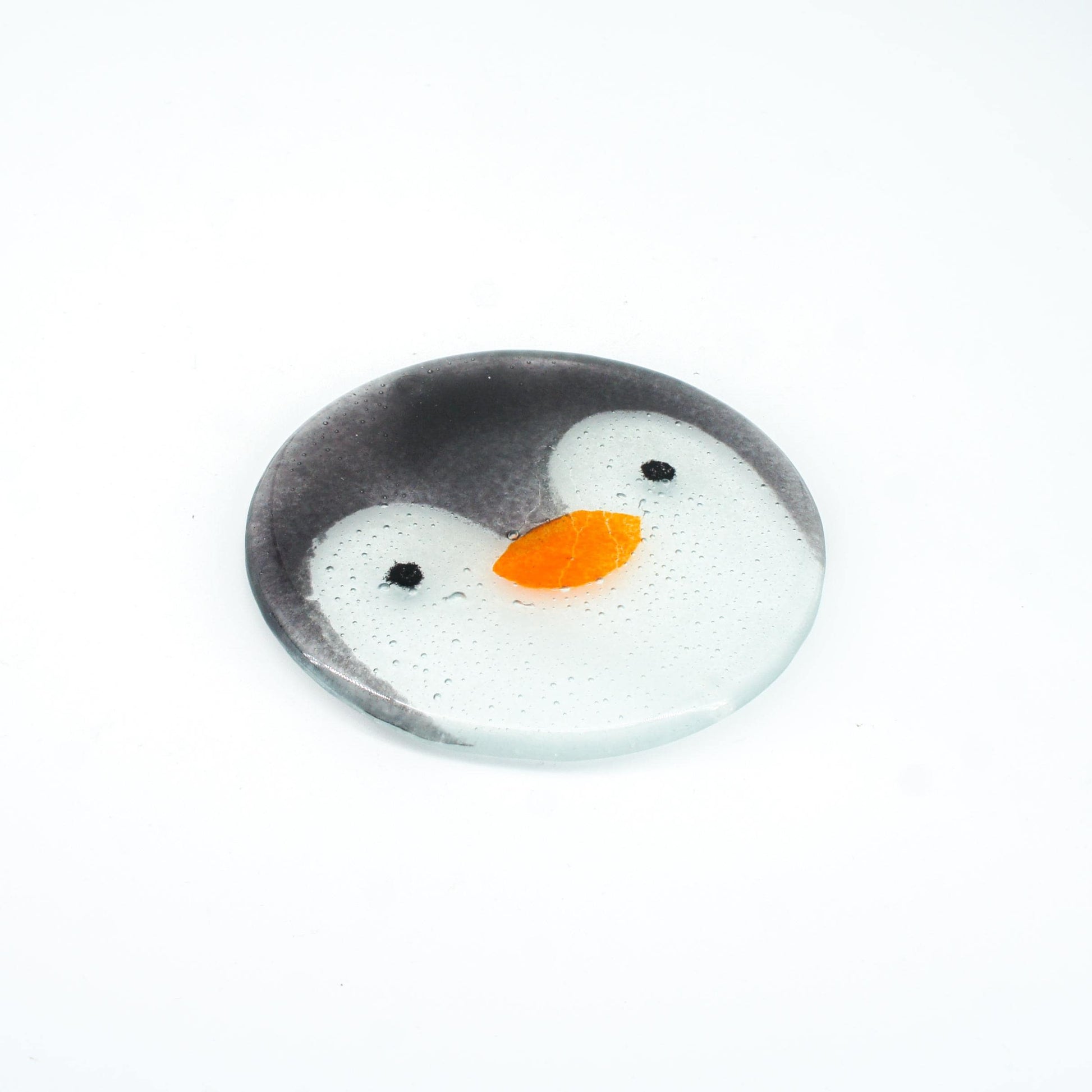 1 penguin face round fused glass coaster, 1 Penguin Fused Glass Coaster 11cm(4 1/3"), penguin face round coaster, sea glass art, single coaster, bird gift, handmade glass
