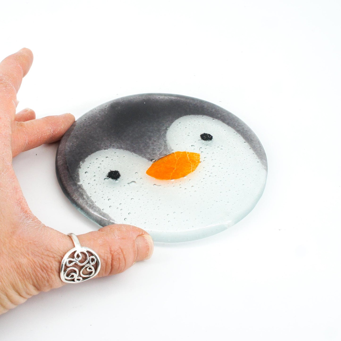 1 penguin face round fused glass coaster, 1 Penguin Fused Glass Coaster 11cm(4 1/3"), penguin face round coaster, sea glass art, single coaster, bird gift, handmade glass