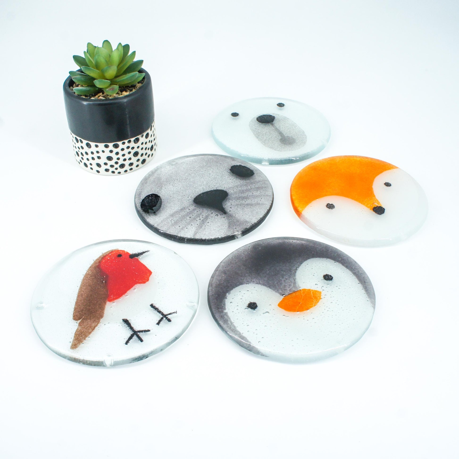 set of 2 round fox face fused glass coasters with white ribbon, Set of 2 Fox Fused Glass Round Coasters 11cm(4 1/3"), fox round coaster orange & white, sea glass art, fox coaster