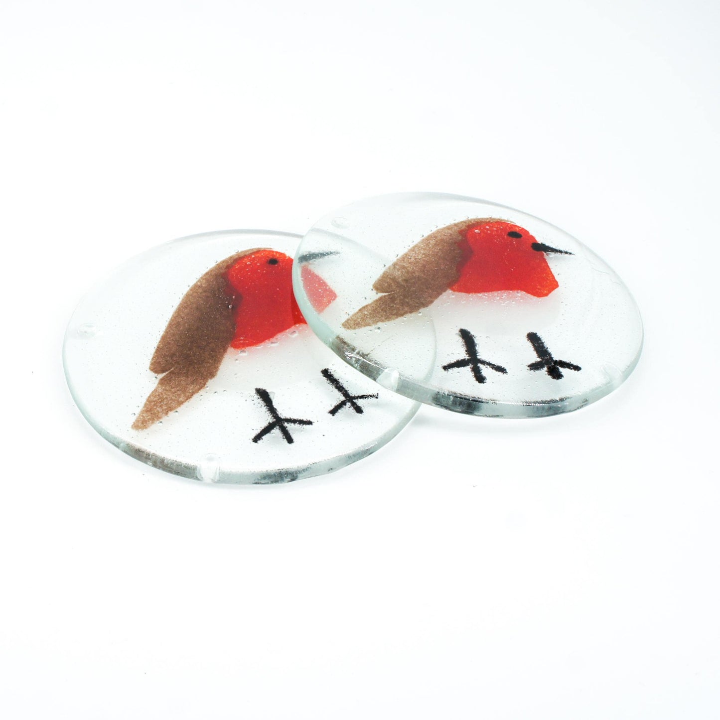 Set of 2 Robin Fused Glass Round Coasters 11cm(4 1/3"), robin round coaster red & grey, sea glass art, bird coasters