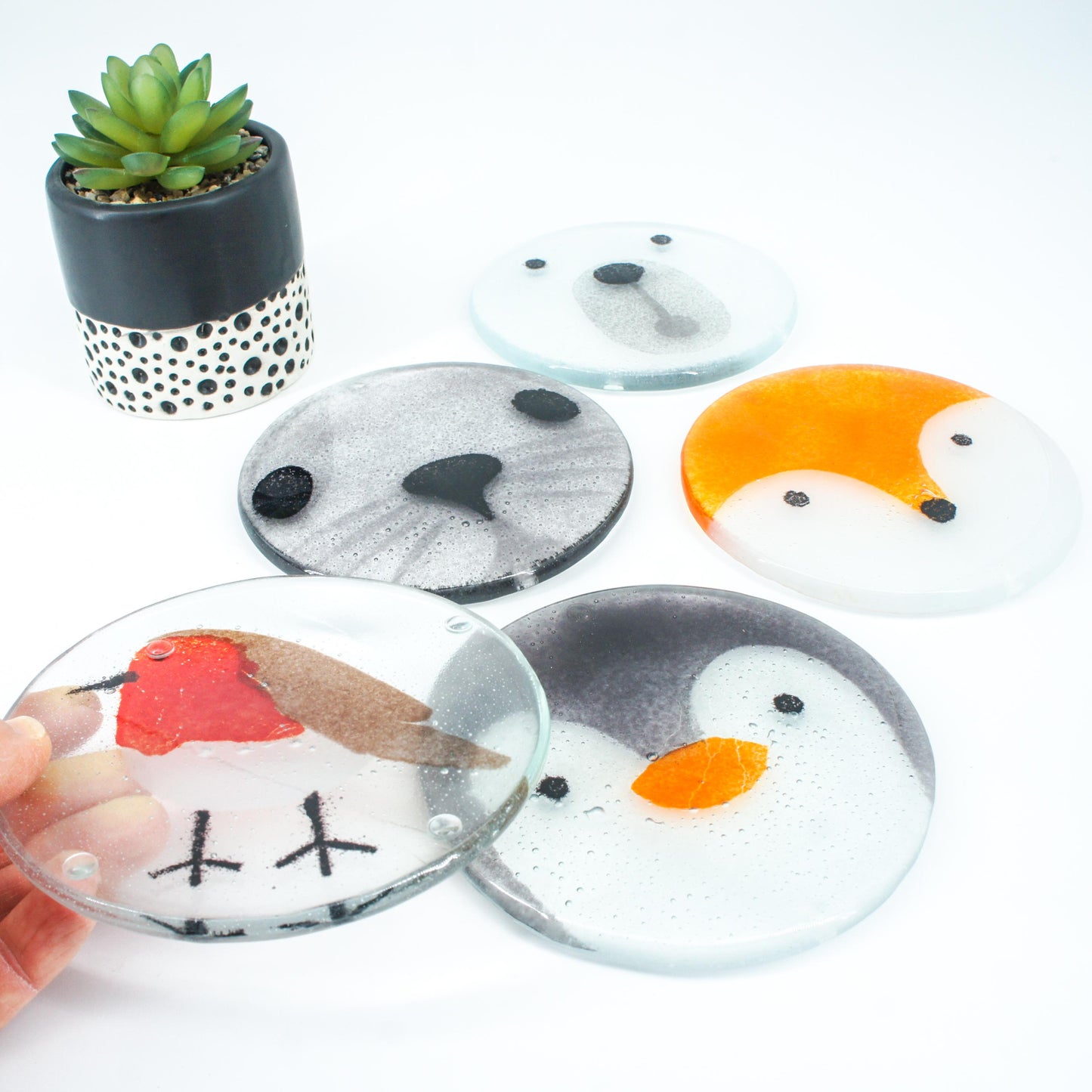 Set of 2 Robin Fused Glass Round Coasters 11cm(4 1/3"), robin round coaster red & grey, sea glass art, bird coasters