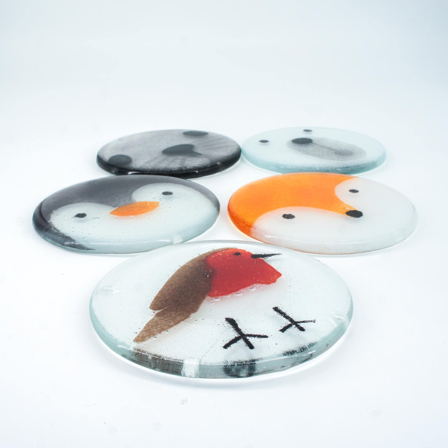 set of 4 animal round fused glass coasters with robin, seal, fox, penguin, polar bear 11cm with bumpers, white ribbon, gift note
