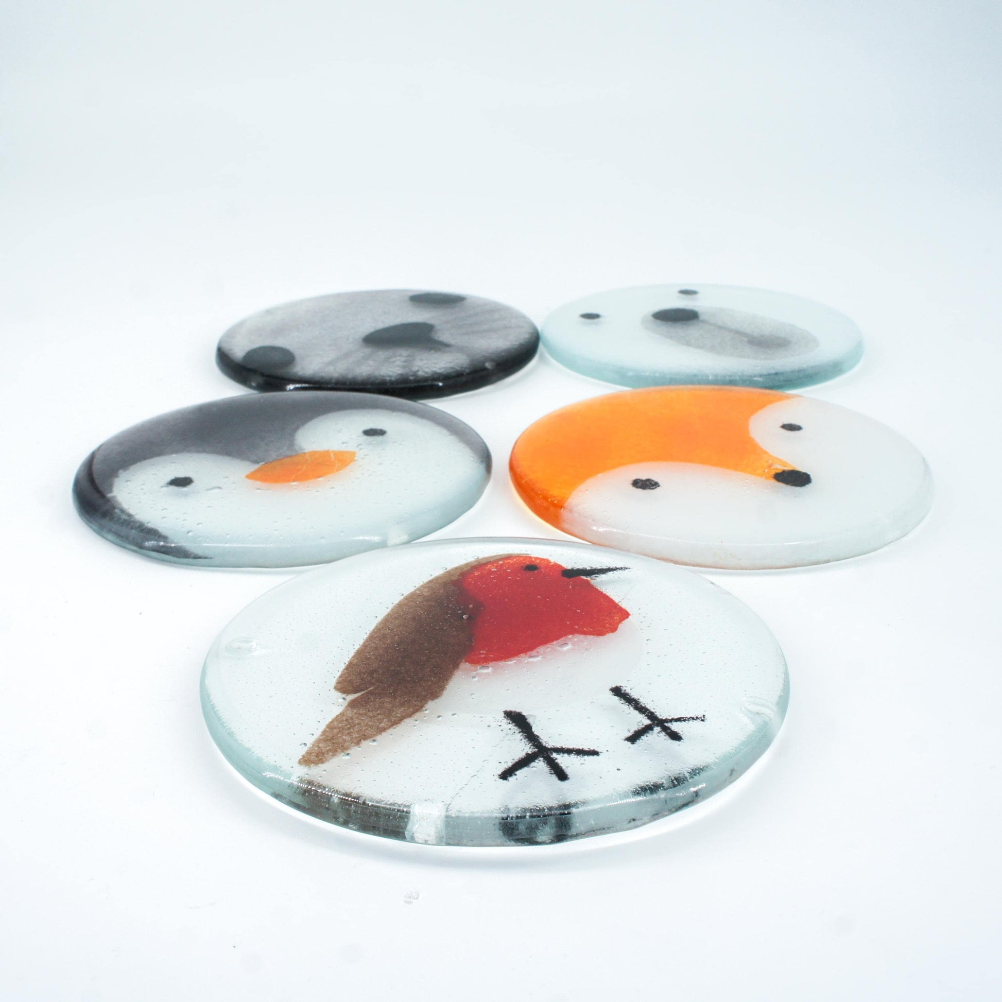 set of 4 animal round fused glass coasters with robin, seal, fox, penguin, polar bear 11cm with bumpers, white ribbon, gift note