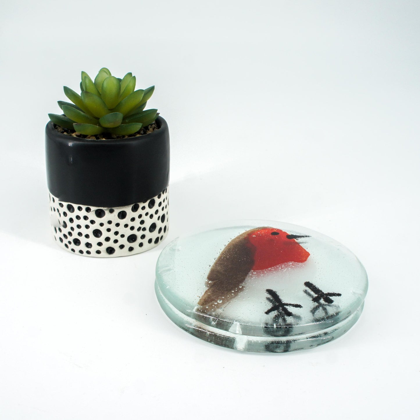 Set of 2 Robin Fused Glass Round Coasters 11cm(4 1/3"), robin round coaster red & grey, sea glass art, bird coasters
