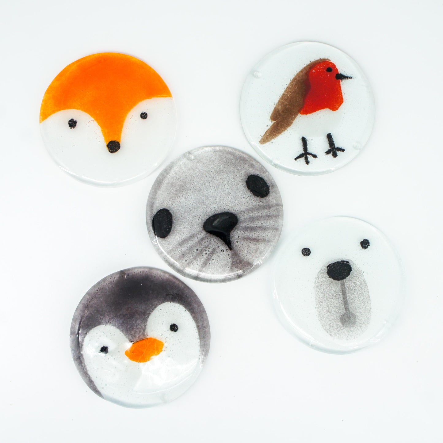 set of 2 round polar bear face fused glass coasters with white ribbon, Set of 2 polar bear Fused Glass Round Coasters 11cm(4 1/3"), polar bear round coaster white & black, sea glass art, polar bear coaster