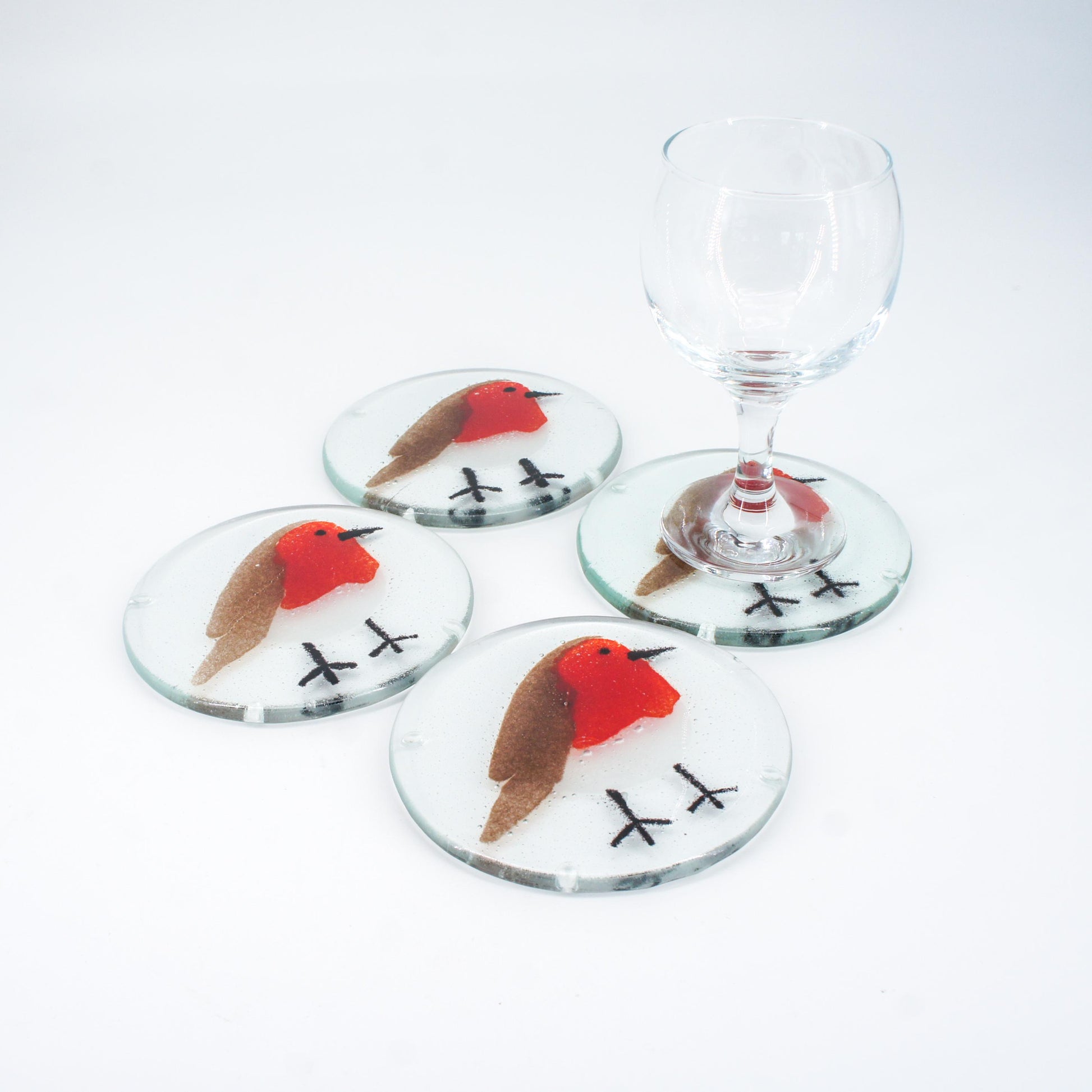 Set of 2 Robin Fused Glass Round Coasters 11cm(4 1/3"), robin round coaster red & grey, sea glass art, bird coasters