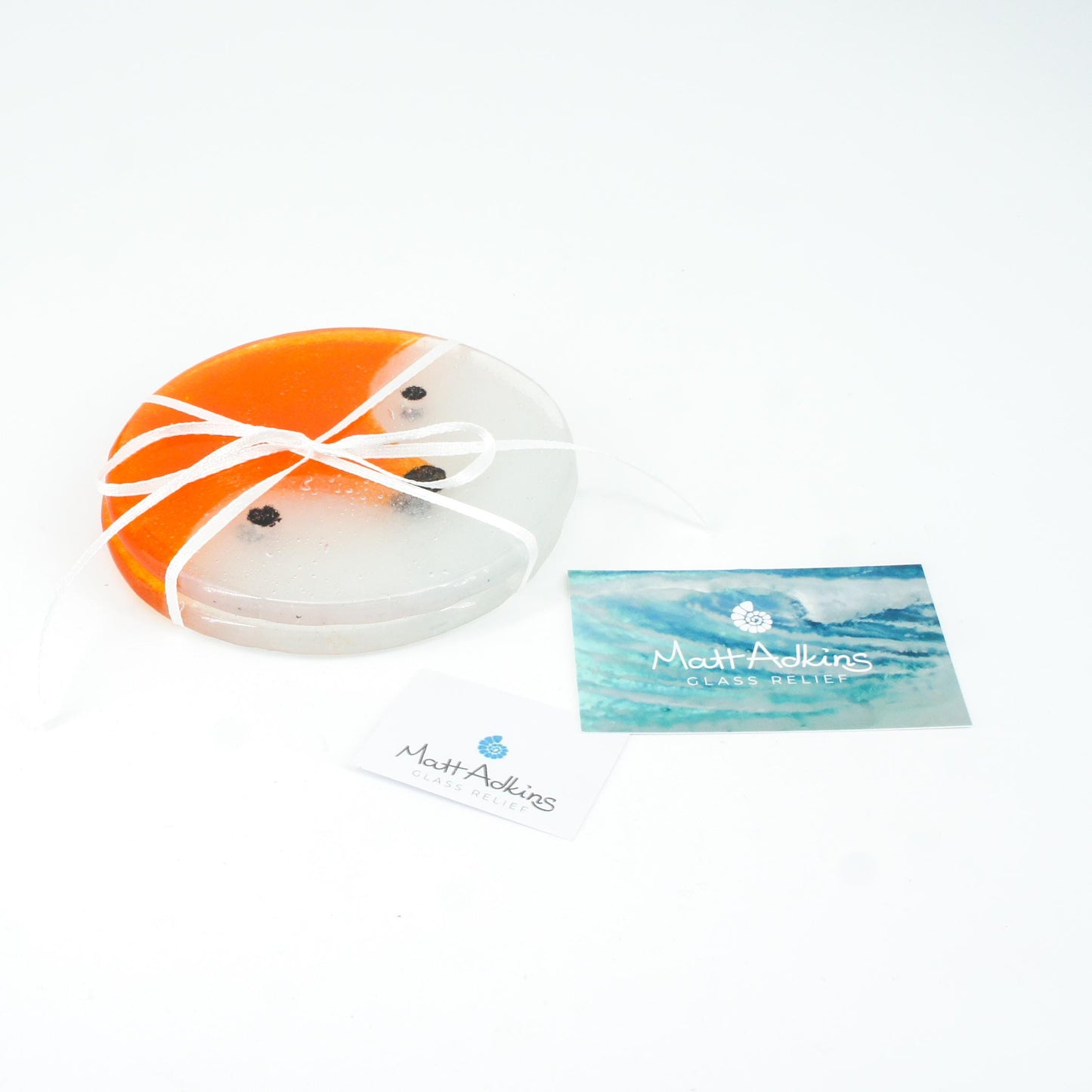 set of 2 round fox face fused glass coasters with white ribbon, Set of 2 Fox Fused Glass Round Coasters 11cm(4 1/3"), fox round coaster orange & white, sea glass art, fox coaster
