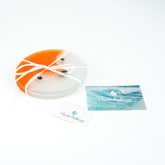 set of 2 round fox face fused glass coasters with white ribbon, Set of 2 Fox Fused Glass Round Coasters 11cm(4 1/3"), fox round coaster orange & white, sea glass art, fox coaster