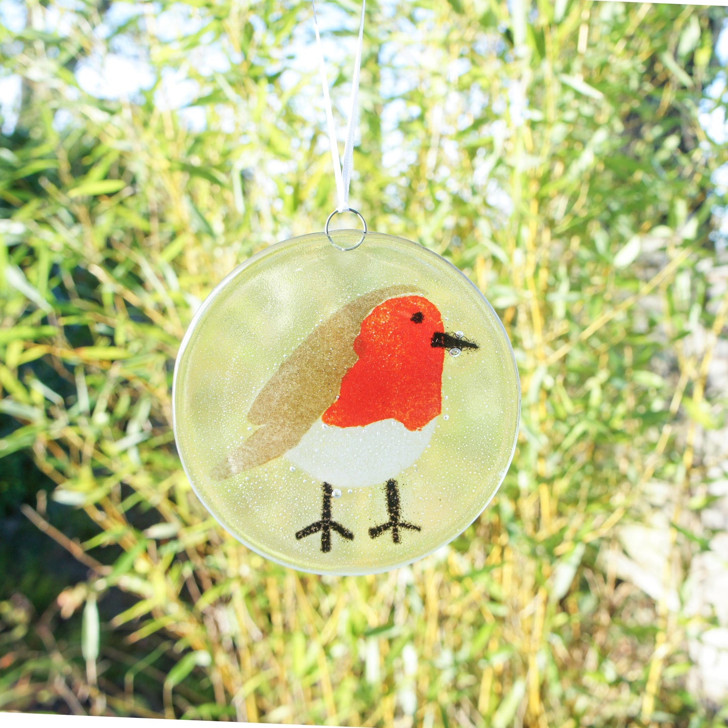 robin round hanging suncatcher hanging ornament	housewarming gifts	garden decor	yard art	fused glass	thank you present	nanny gift	Seal	Glass Suncatcher	sea glass art	first home gift	teenage girl gift	gifts for friends