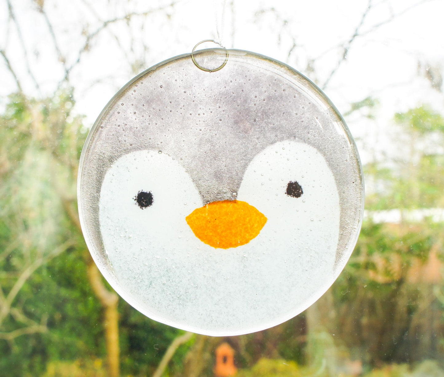 penguin fused glass round hanging ornament with ribbon
