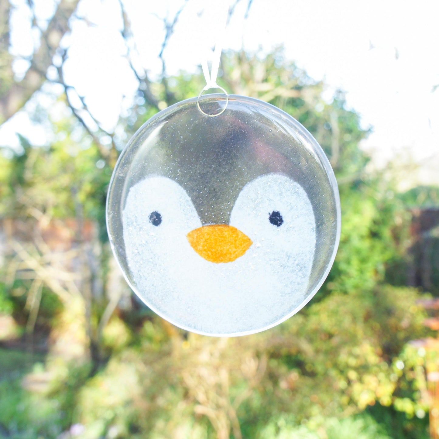 penguin fused glass round hanging ornament with ribbon