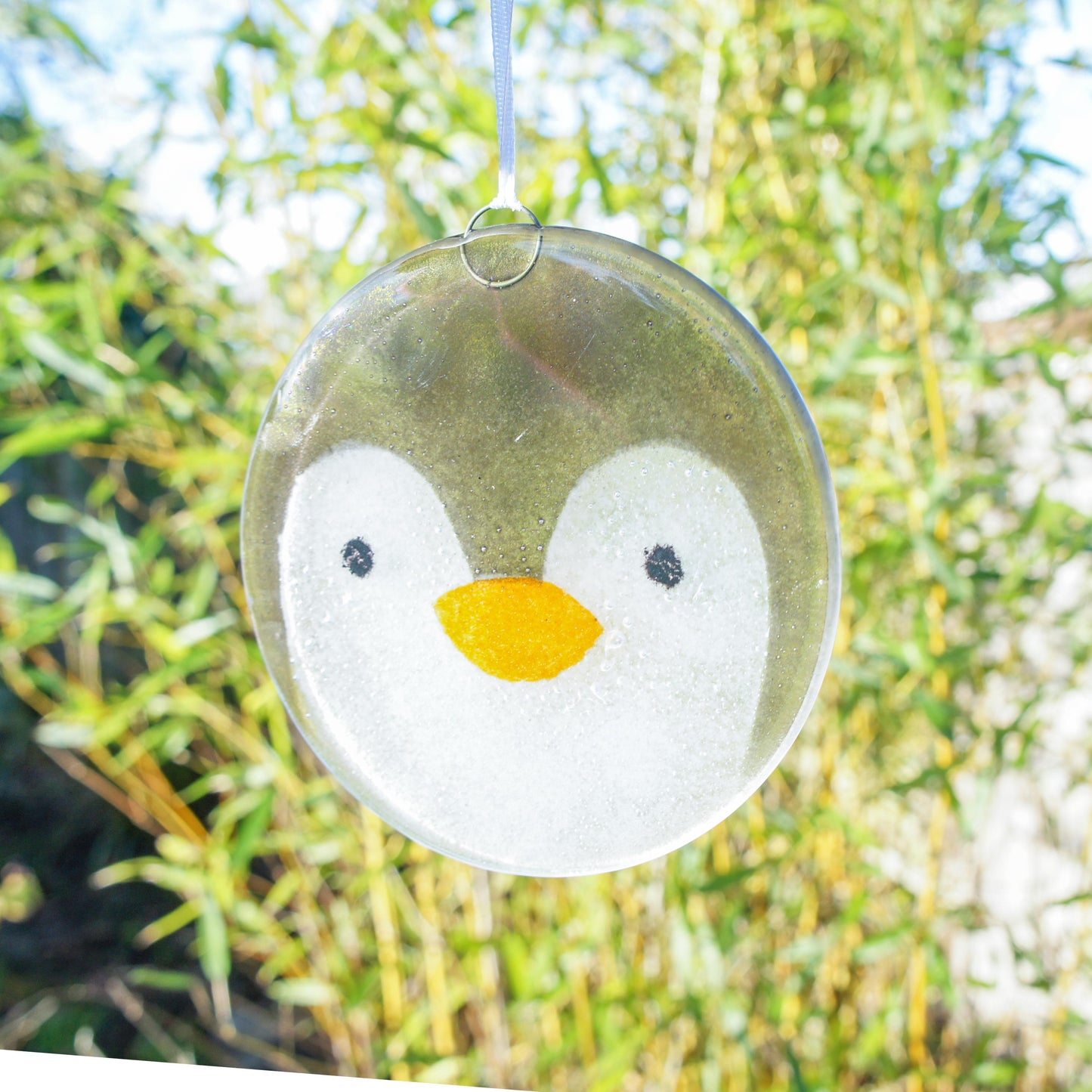penguin fused glass round hanging ornament with ribbon
