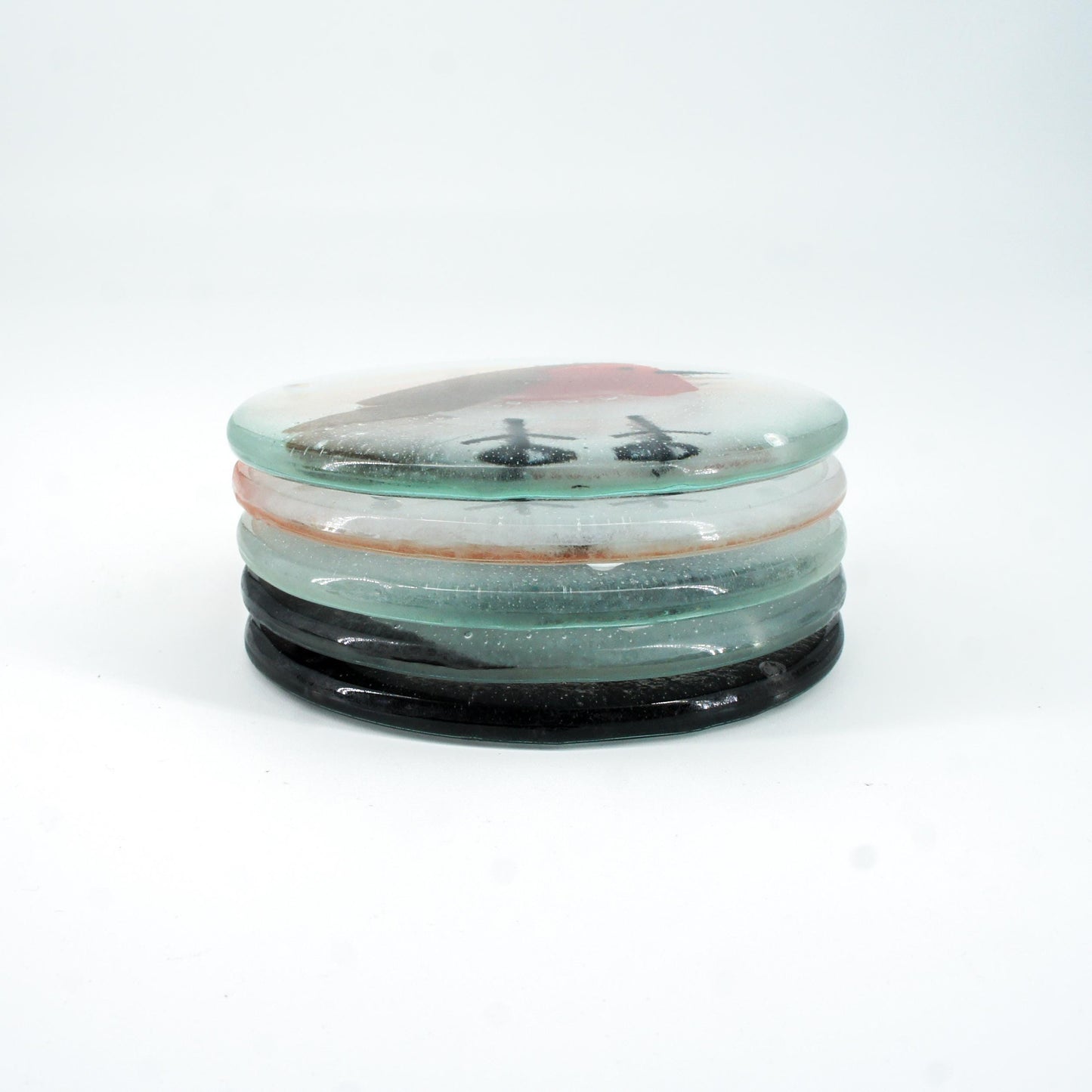set of 2 animal round fused glass coasters with robin, seal, fox, penguin, polar bear