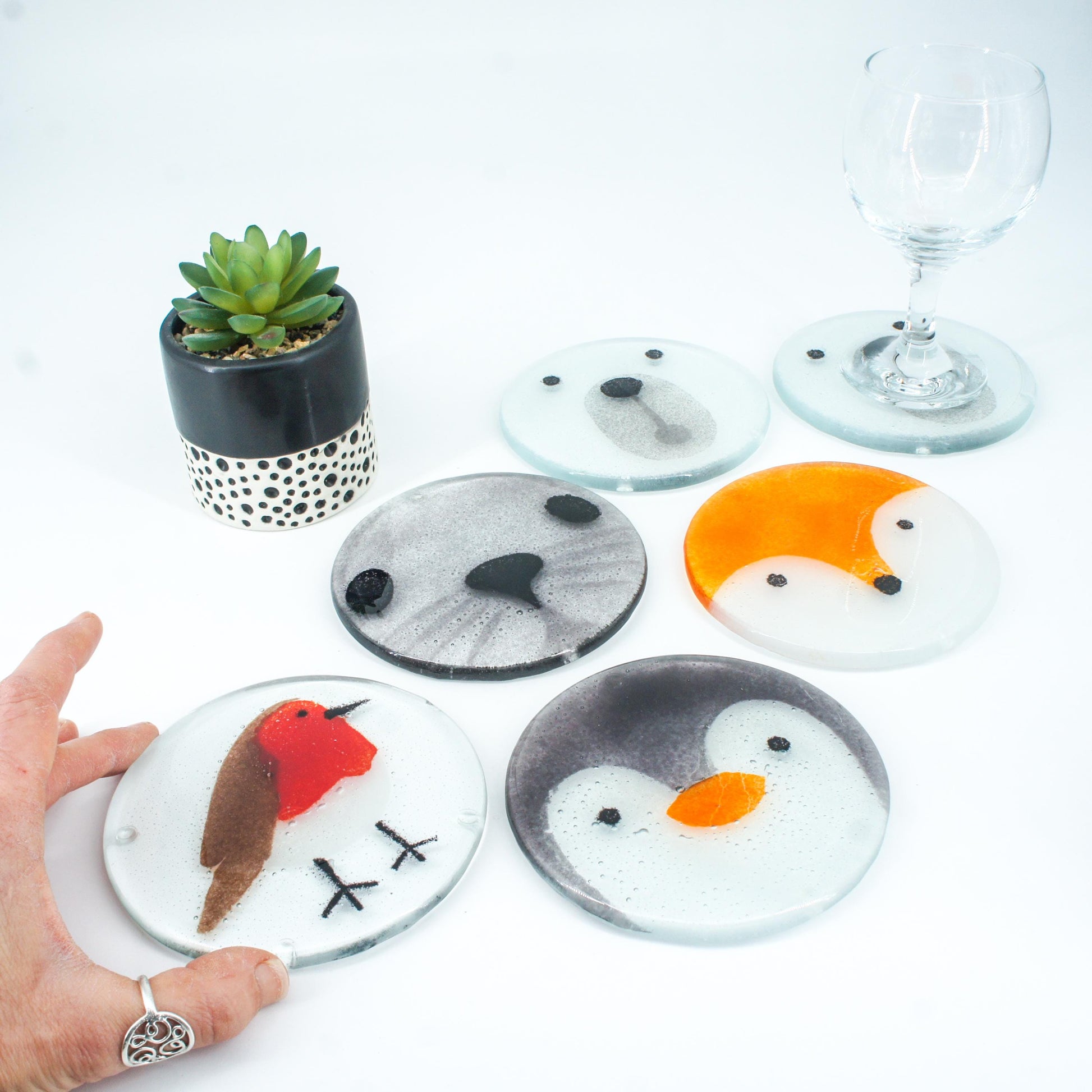 set of 4 animal round fused glass coasters with robin, seal, fox, penguin, polar bear 11cm with bumpers, white ribbon, gift note