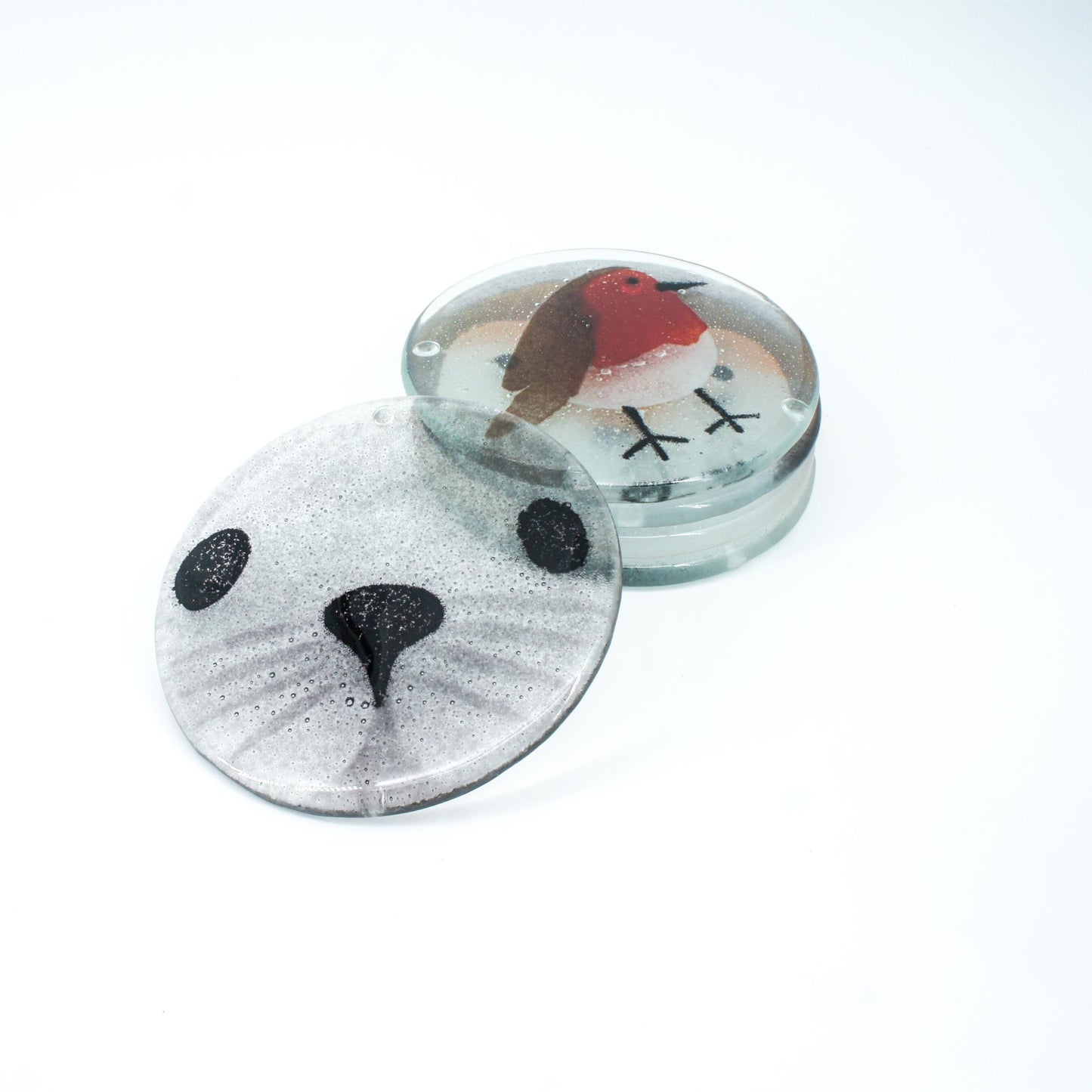 set of 4 animal round fused glass coasters with robin, seal, fox, penguin, polar bear 11cm with bumpers, white ribbon, gift note