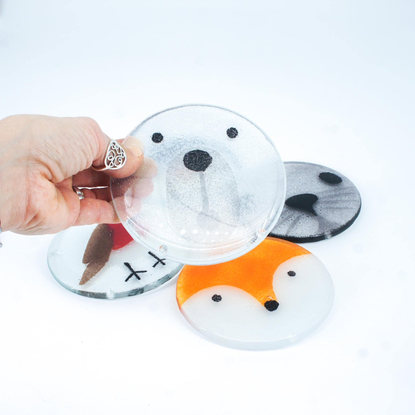 set of 4 animal round fused glass coasters with robin, seal, fox, penguin, polar bear 11cm with bumpers, white ribbon, gift note