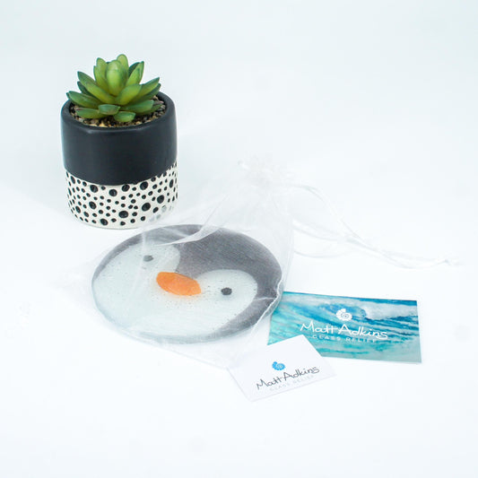 1 penguin face round fused glass coaster, 1 Penguin Fused Glass Coaster 11cm(4 1/3"), penguin face round coaster, sea glass art, single coaster, bird gift, handmade glass