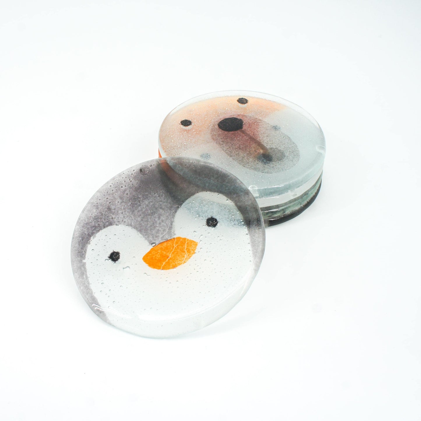 1 penguin face round fused glass coaster, 1 Penguin Fused Glass Coaster 11cm(4 1/3"), penguin face round coaster, sea glass art, single coaster, bird gift, handmade glass