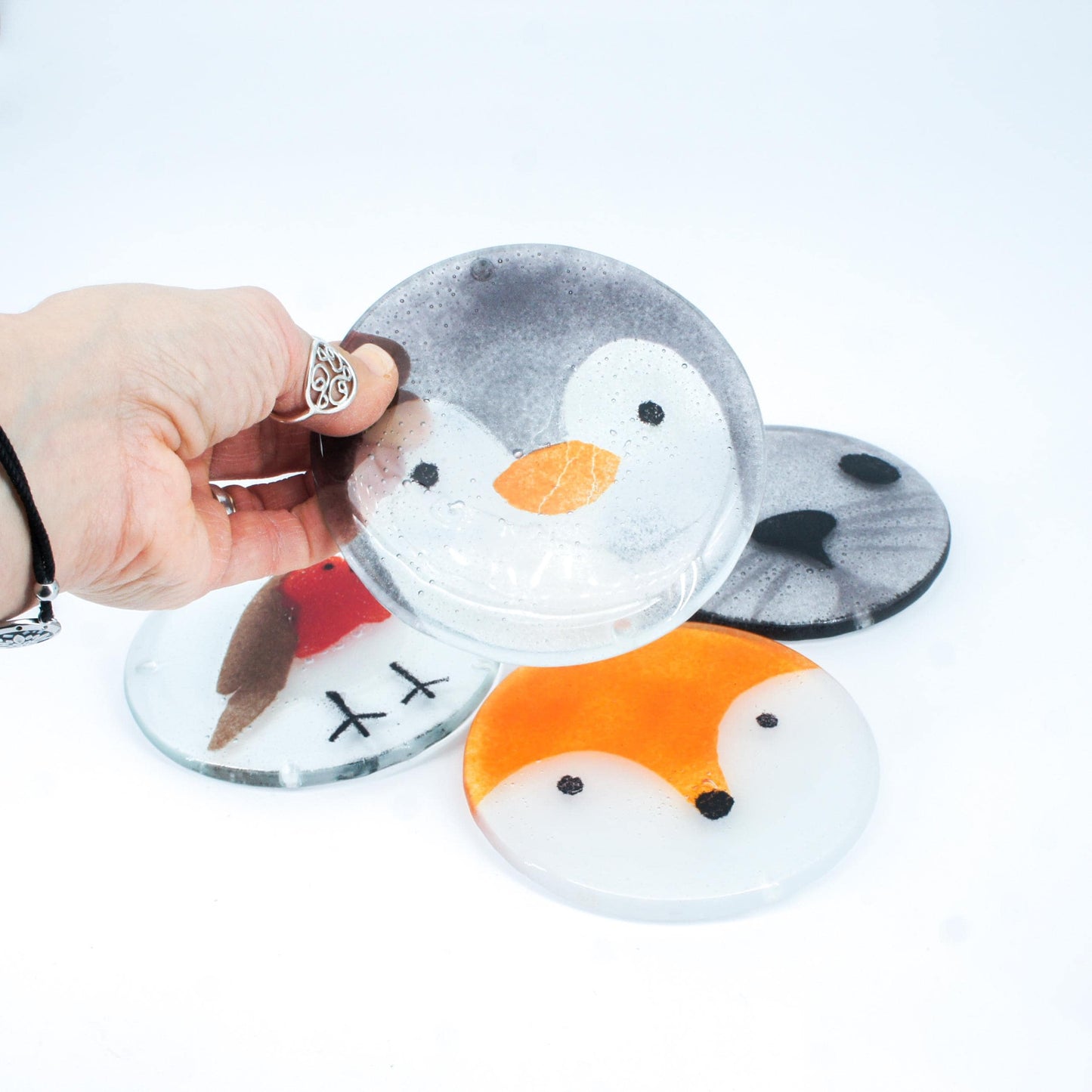 1 penguin face round fused glass coaster, 1 Penguin Fused Glass Coaster 11cm(4 1/3"), penguin face round coaster, sea glass art, single coaster, bird gift, handmade glass