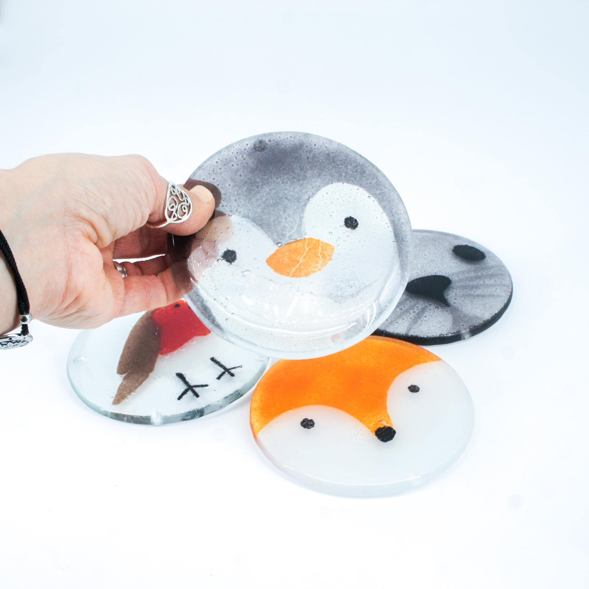 1 penguin face round fused glass coaster, 1 Penguin Fused Glass Coaster 11cm(4 1/3"), penguin face round coaster, sea glass art, single coaster, bird gift, handmade glass