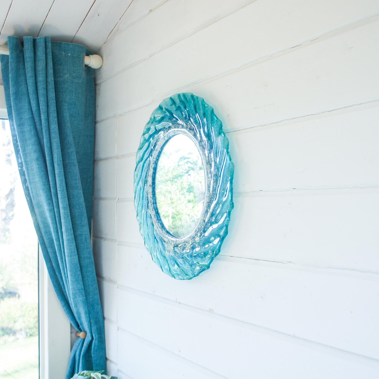 turquoise blue white round wall fused glass decorative mirror, bathroom mirror with attachments, 44cm