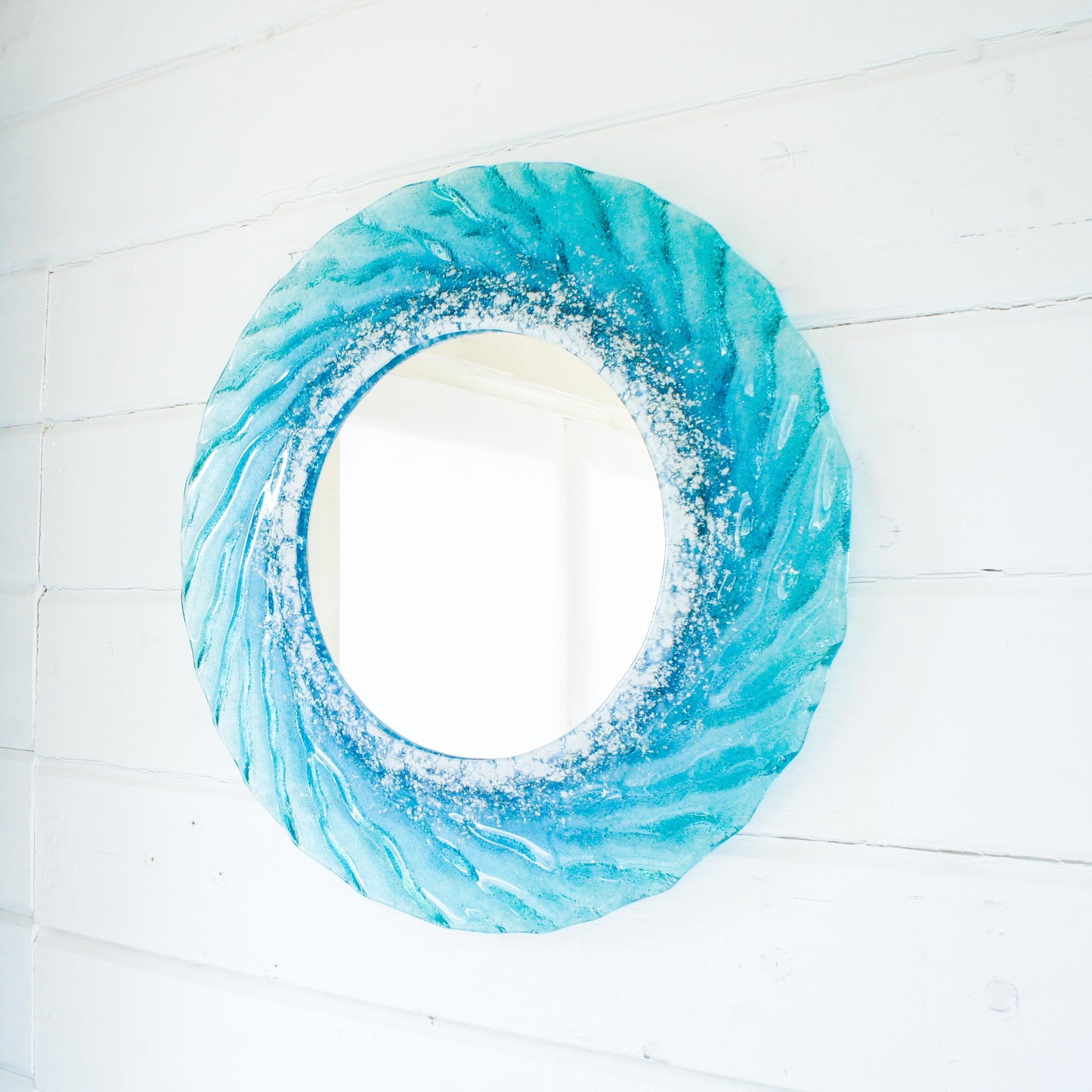 turquoise blue white round wall fused glass decorative mirror, bathroom mirror with attachments, 44cm