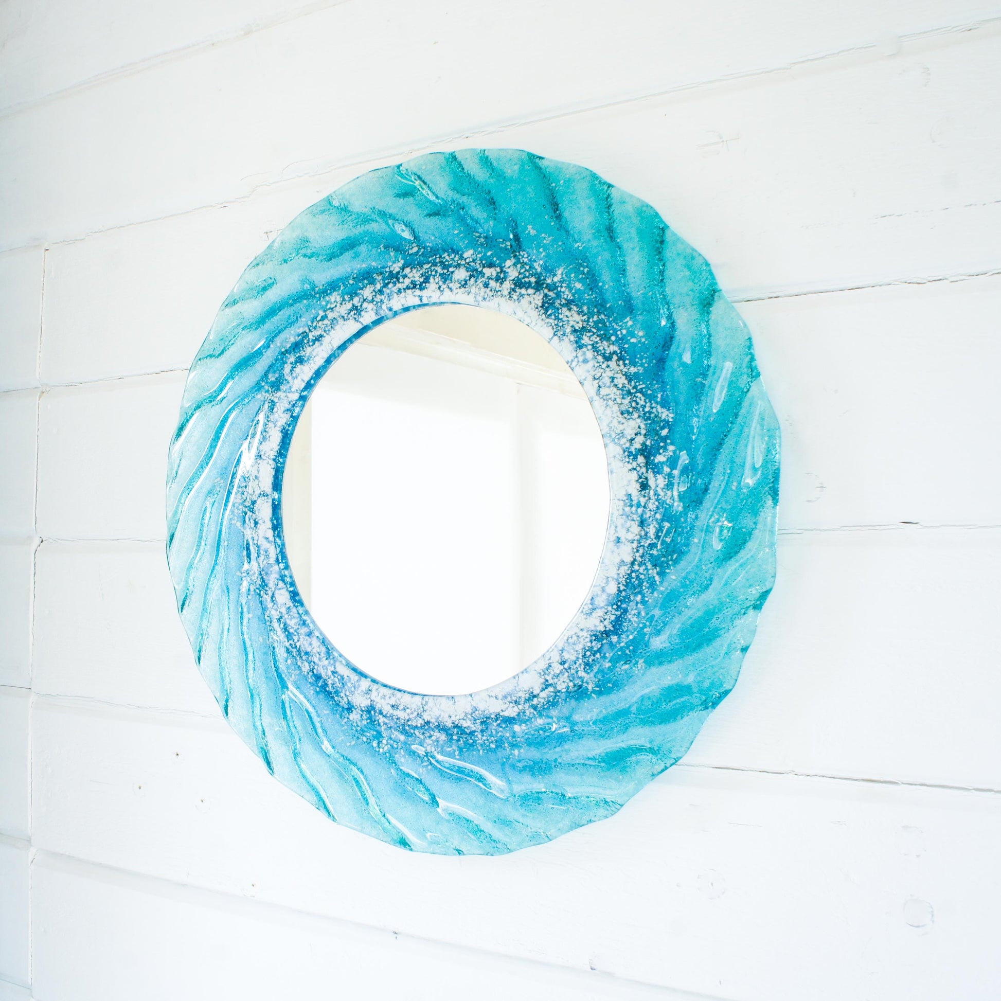 turquoise blue white round wall fused glass decorative mirror, bathroom mirror with attachments, 44cm