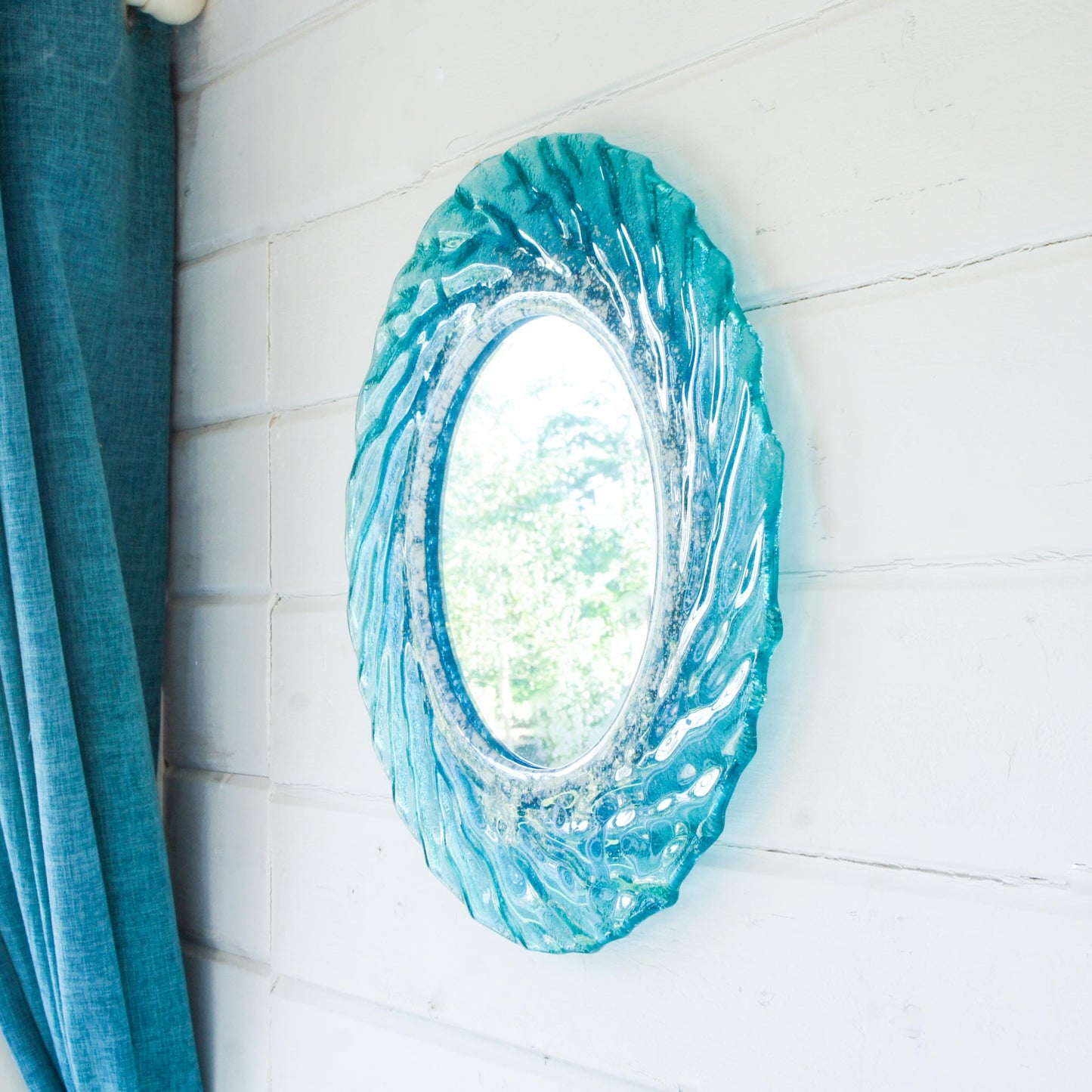 turquoise blue white round wall fused glass decorative mirror, bathroom mirror with attachments, 44cm