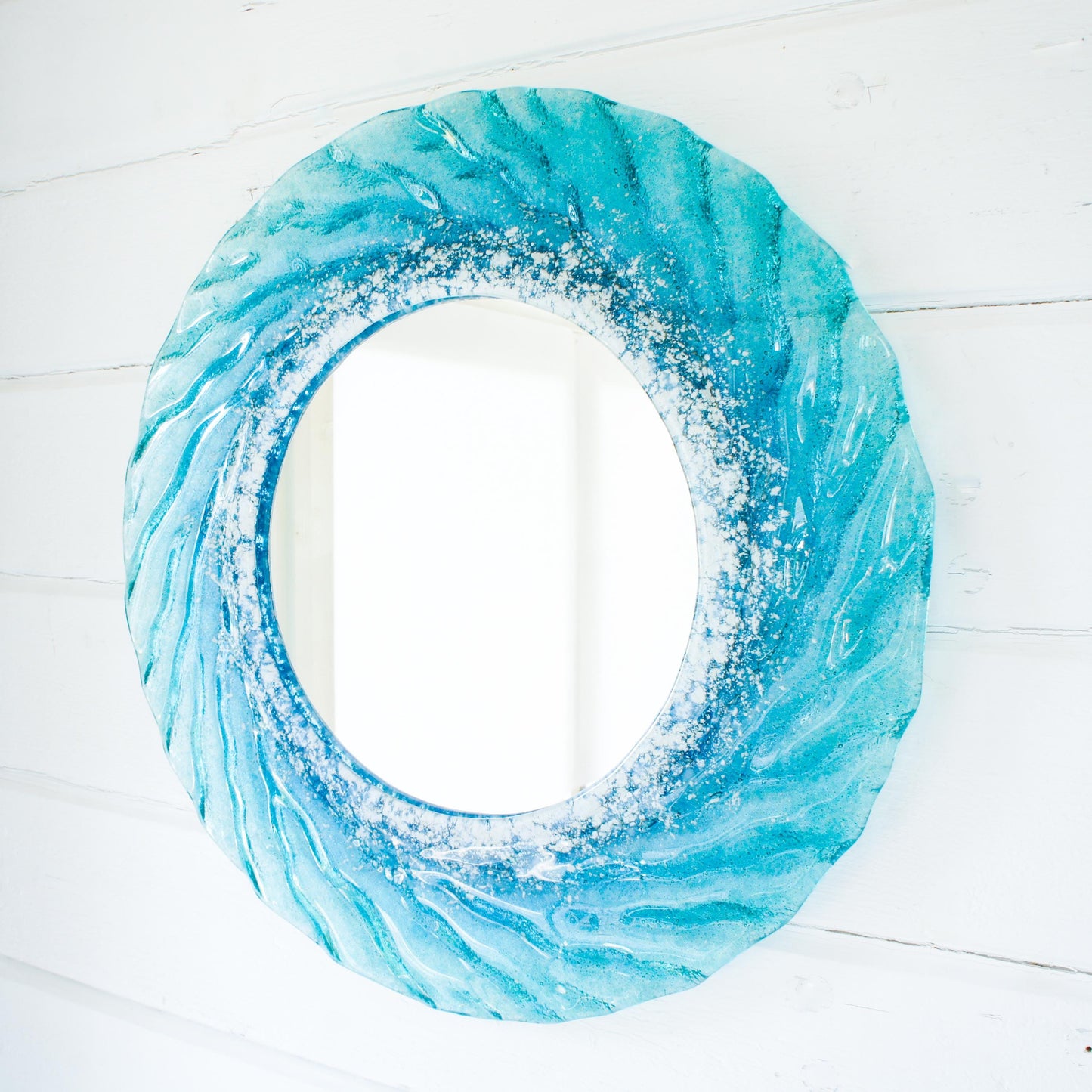 turquoise blue white round wall fused glass decorative mirror, bathroom mirror with attachments, 44cm