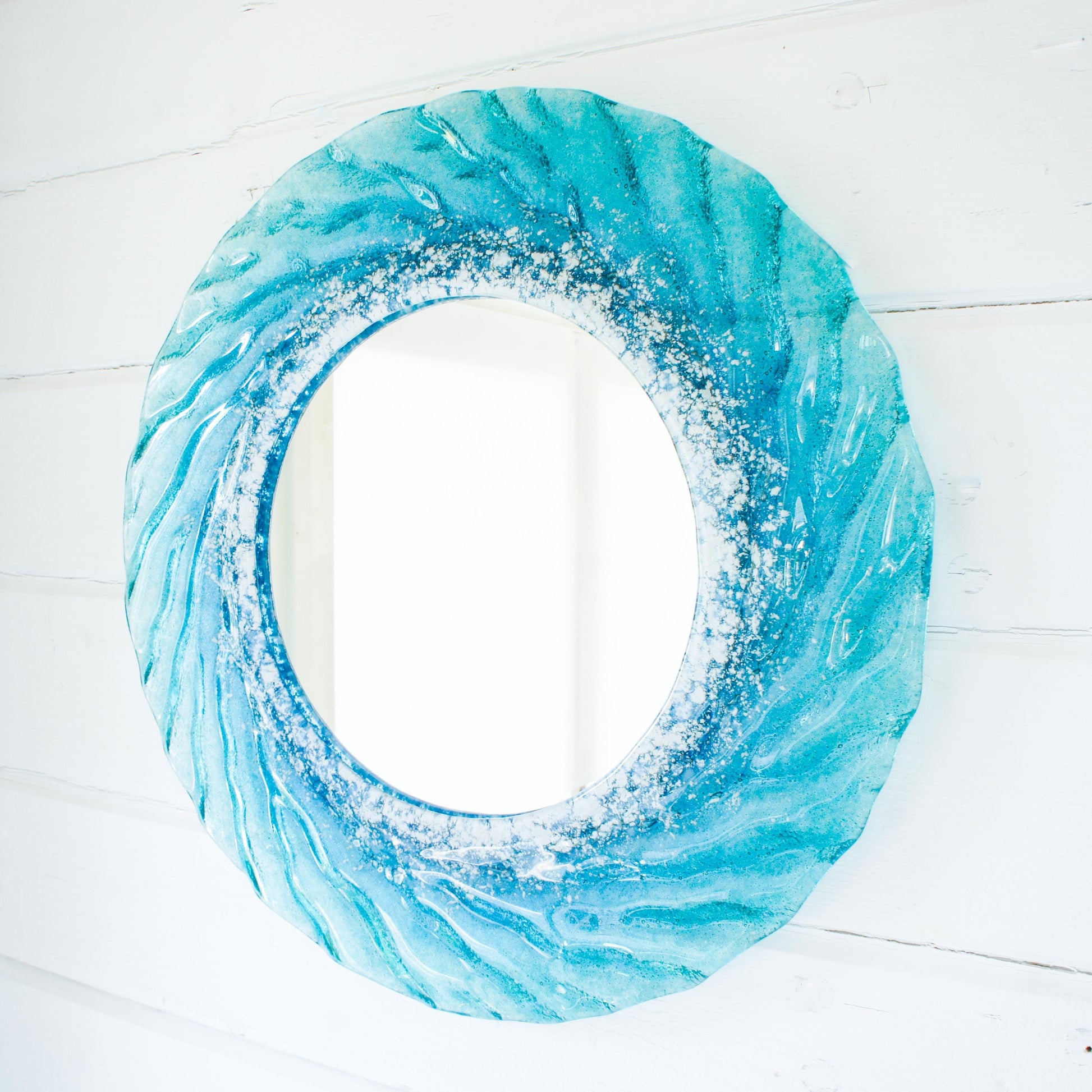 turquoise blue white round wall fused glass decorative mirror, bathroom mirror with attachments, 44cm