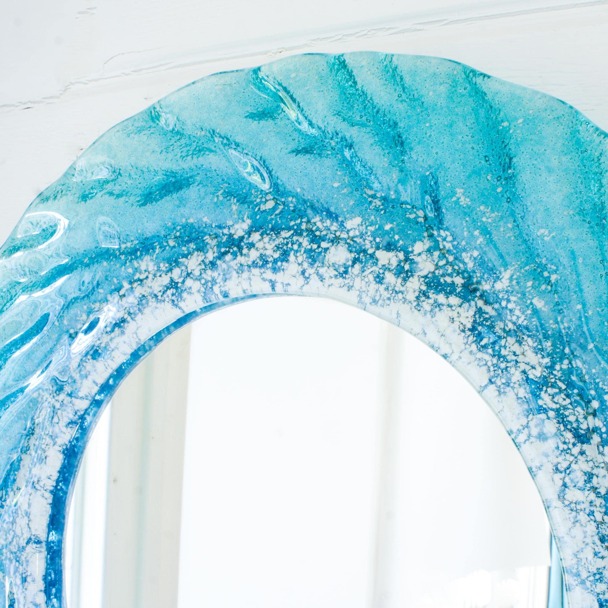 turquoise blue white round wall fused glass decorative mirror, bathroom mirror with attachments, 44cm