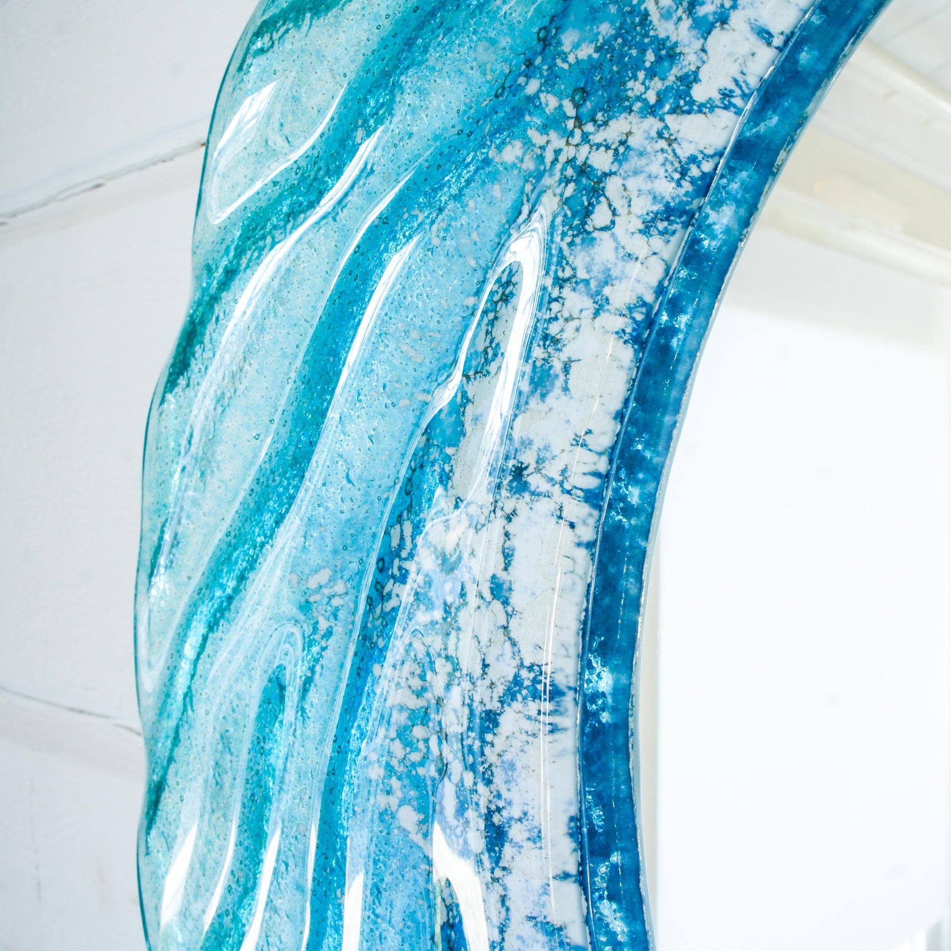 turquoise blue white round wall fused glass decorative mirror, bathroom mirror with attachments, 44cm