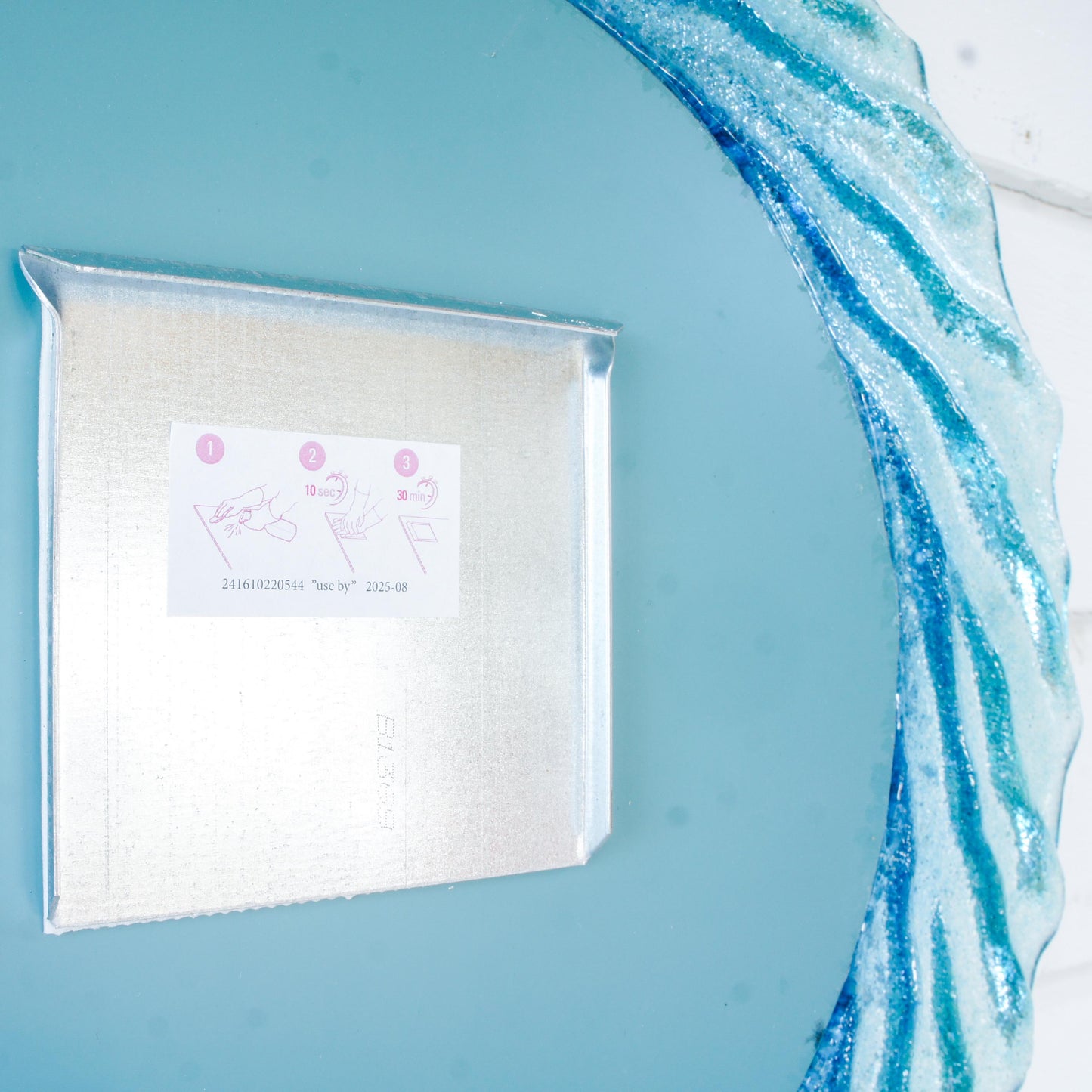 turquoise blue white round wall fused glass decorative mirror, bathroom mirror with attachments, 44cm