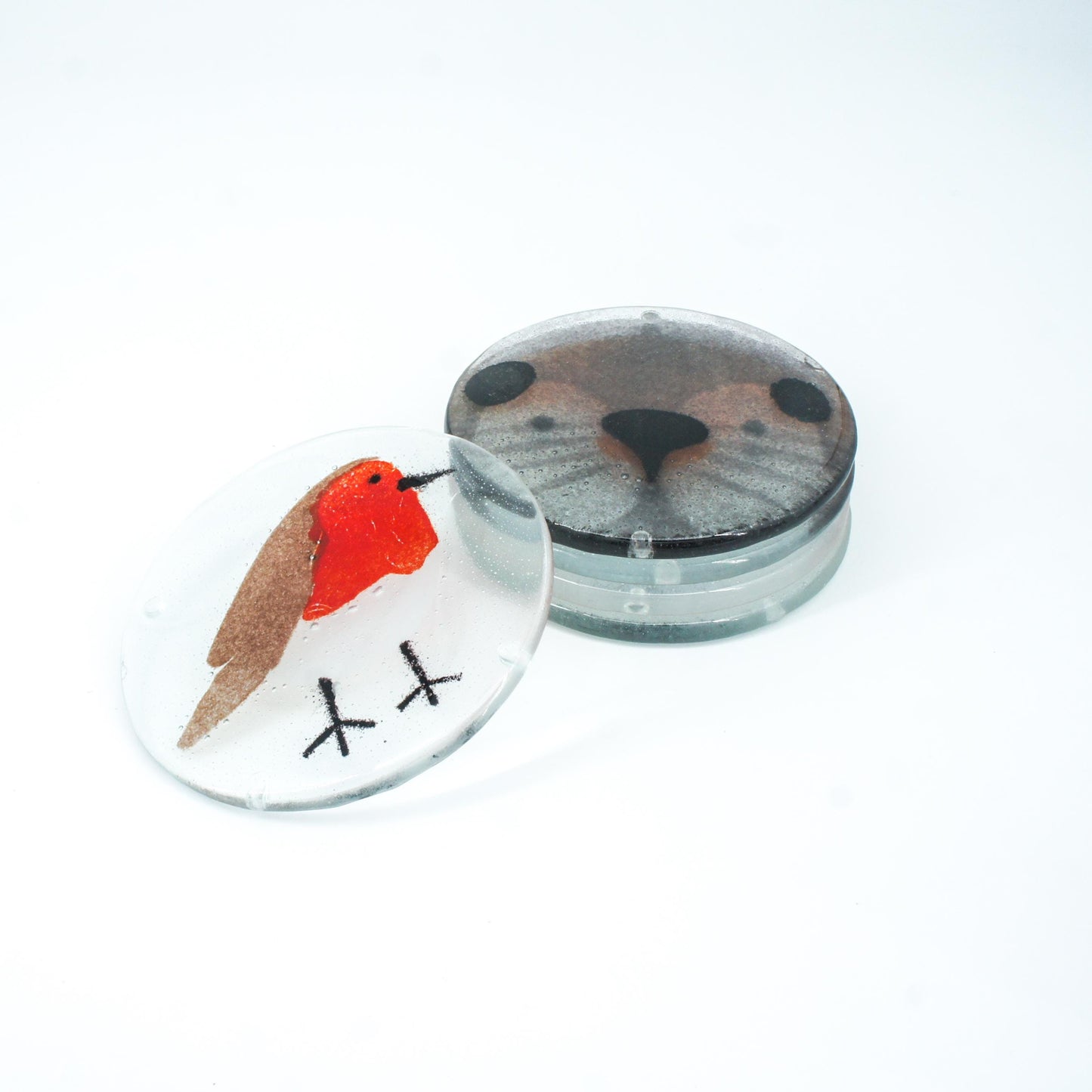 Set of 2 Robin Fused Glass Round Coasters 11cm(4 1/3"), robin round coaster red & grey, sea glass art, bird coasters