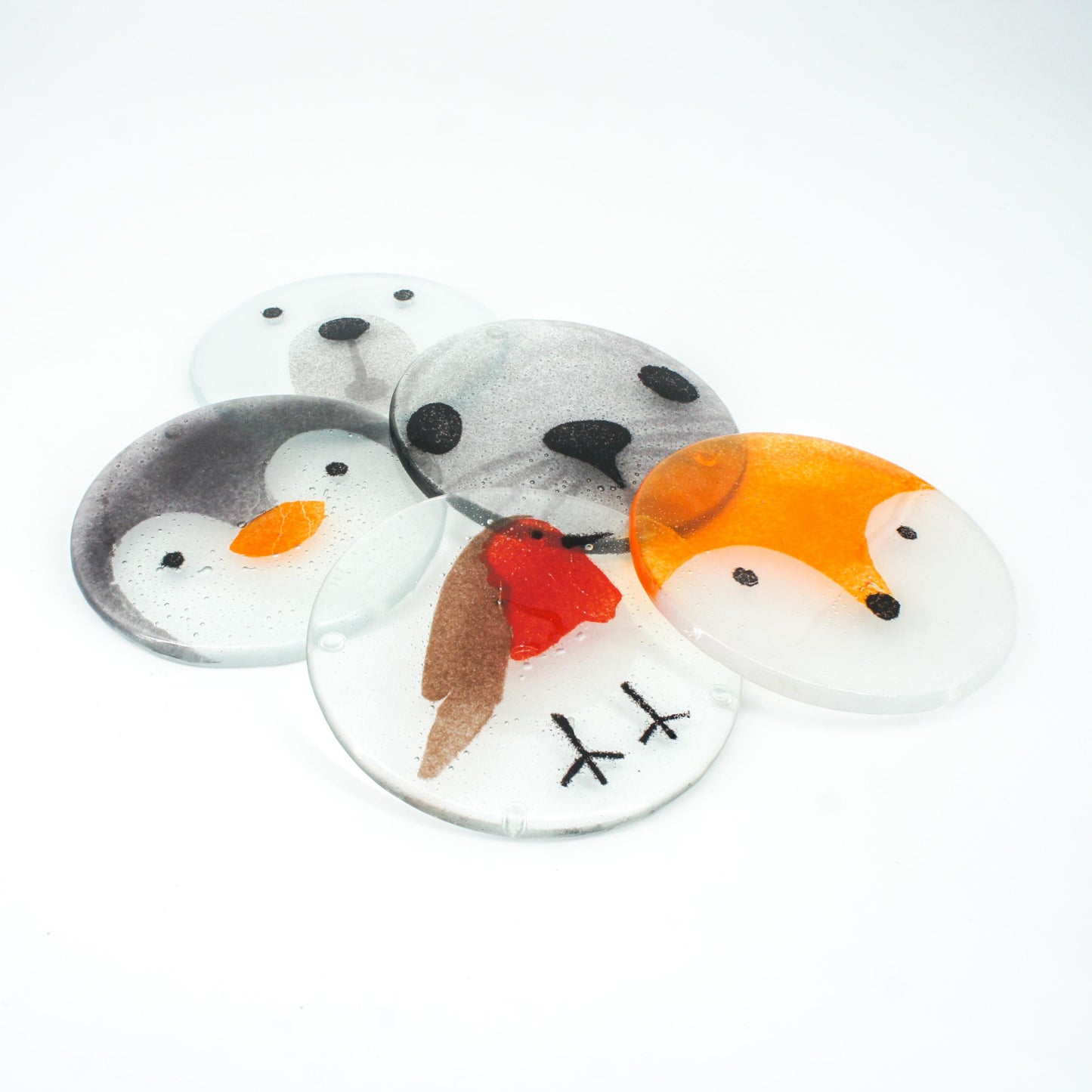 Set of 2 Robin Fused Glass Round Coasters 11cm(4 1/3"), robin round coaster red & grey, sea glass art, bird coasters