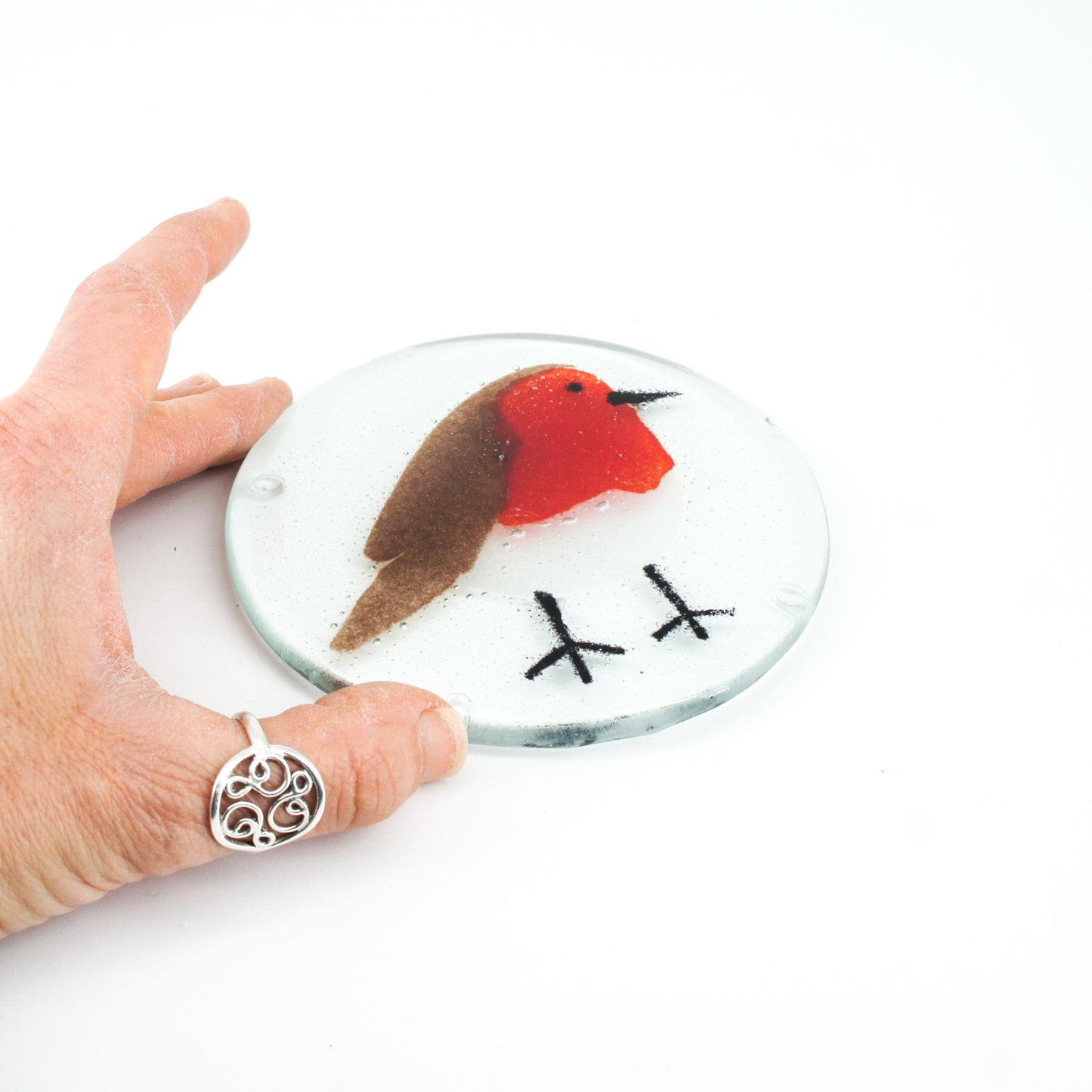 Set of 2 Robin Fused Glass Round Coasters 11cm(4 1/3"), robin round coaster red & grey, sea glass art, bird coasters