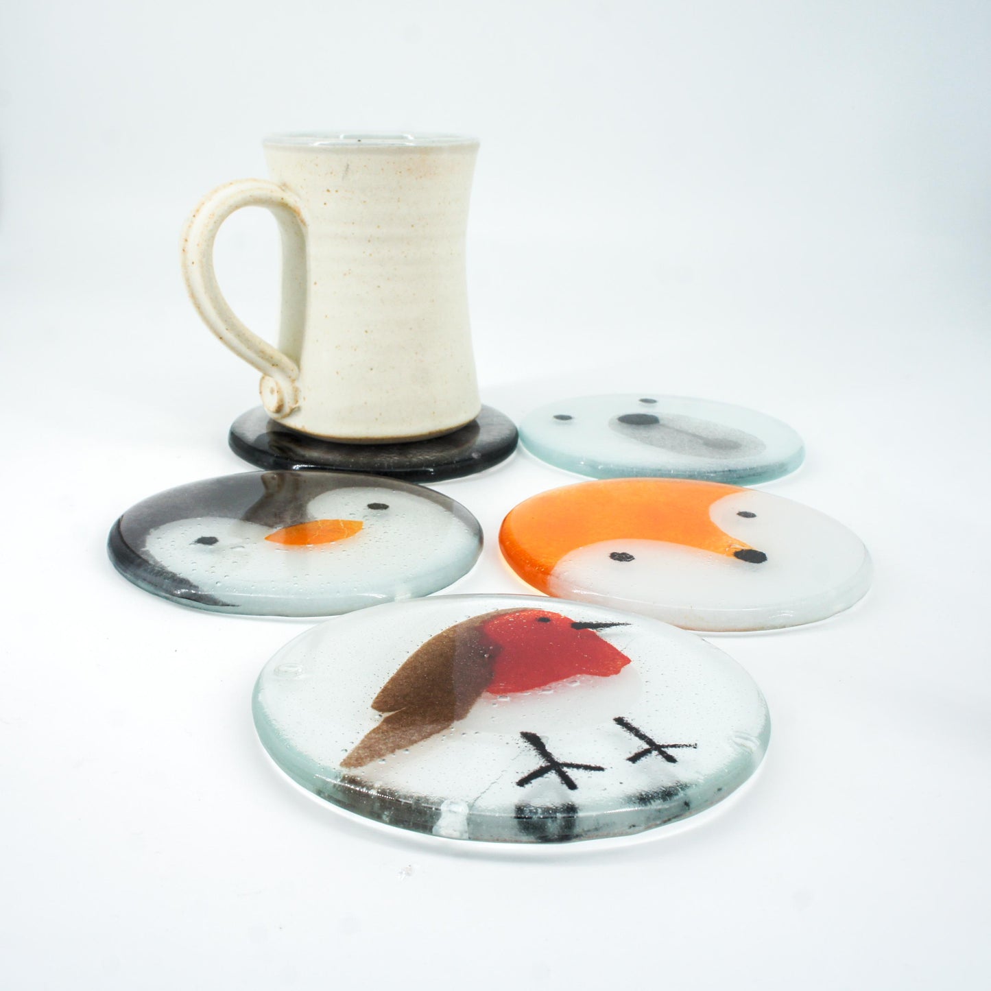 set of 2 round fox face fused glass coasters with white ribbon, Set of 2 Fox Fused Glass Round Coasters 11cm(4 1/3"), fox round coaster orange & white, sea glass art, fox coaster