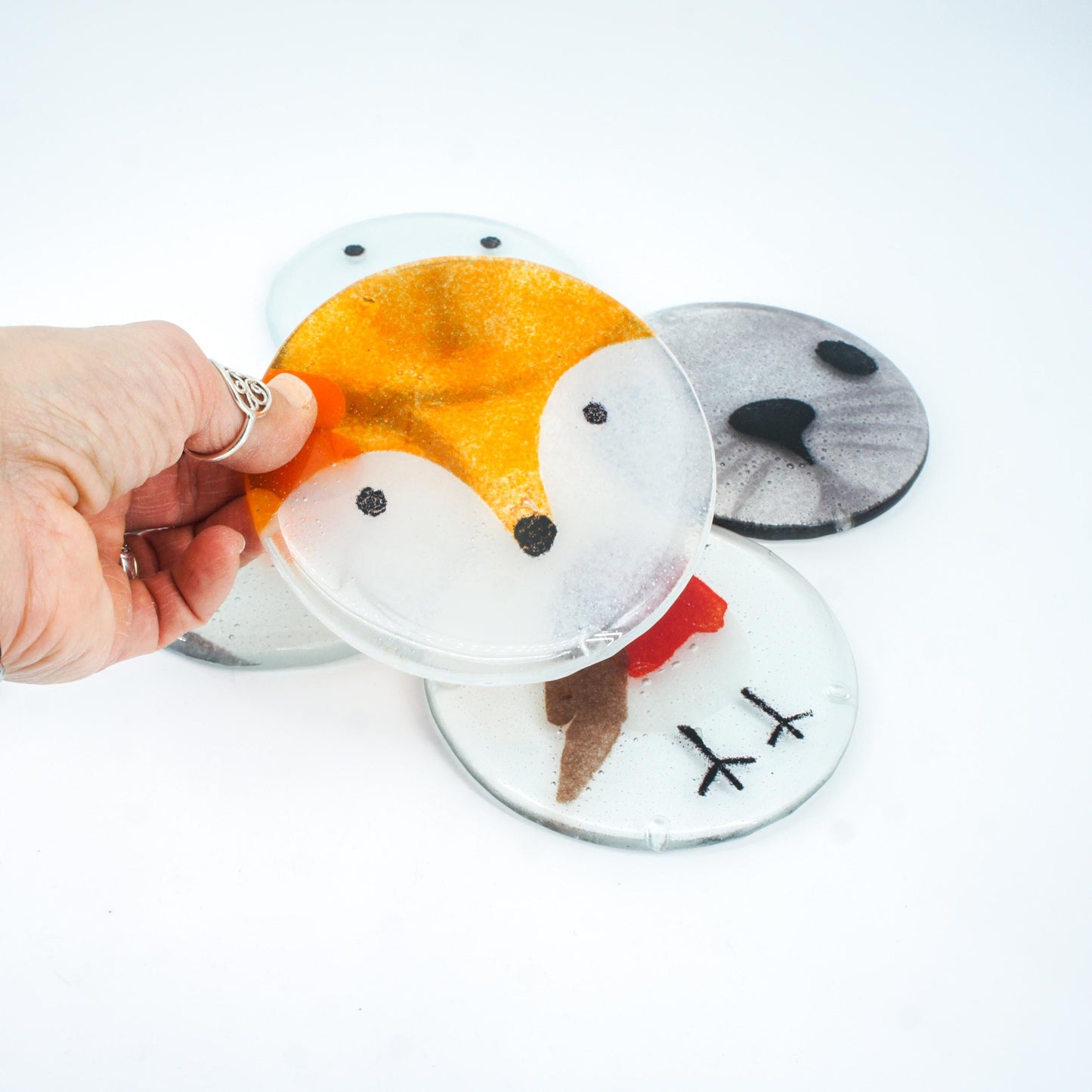 set of 2 round fox face fused glass coasters with white ribbon, Set of 2 Fox Fused Glass Round Coasters 11cm(4 1/3"), fox round coaster orange & white, sea glass art, fox coaster