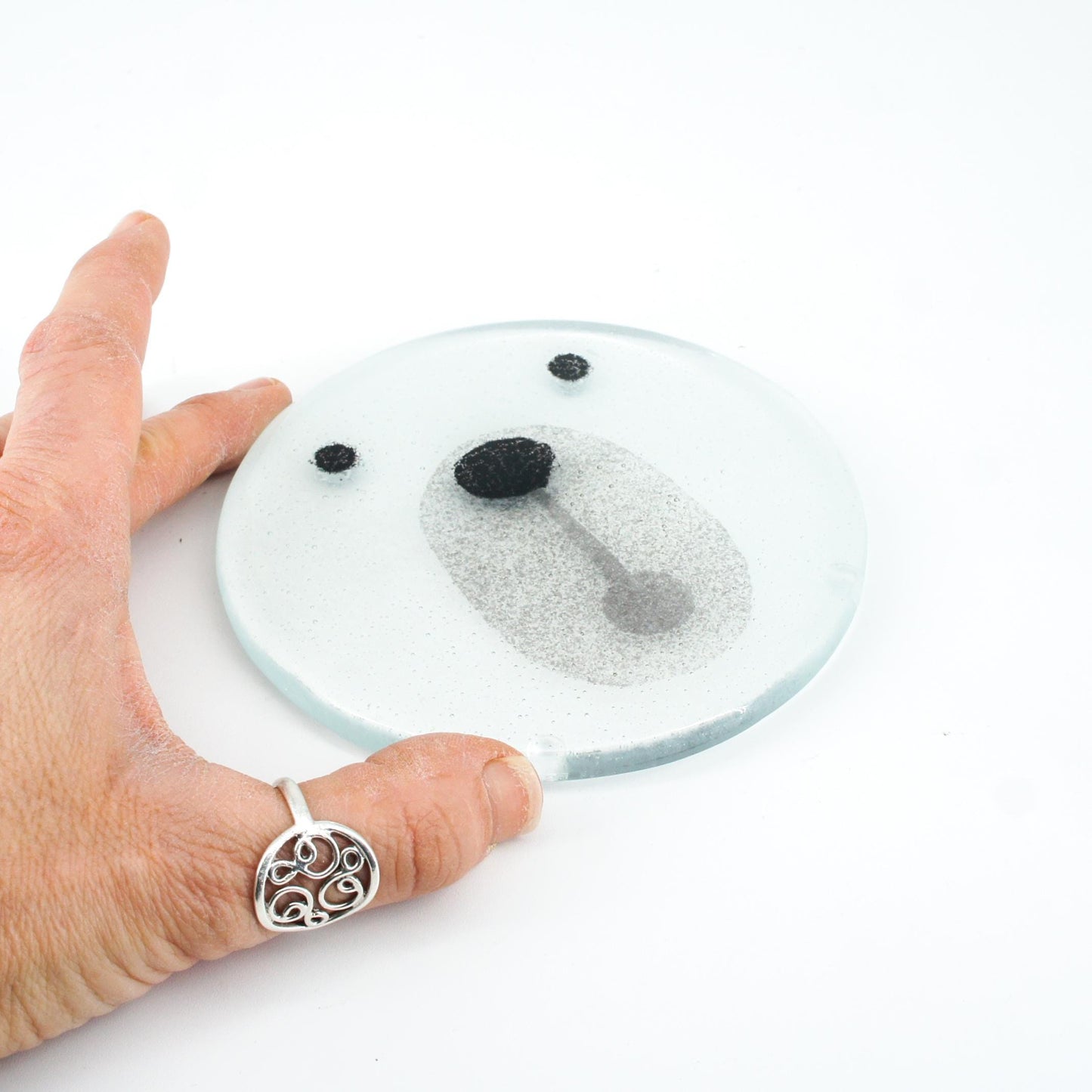 set of 2 round polar bear face fused glass coasters with white ribbon, Set of 2 polar bear Fused Glass Round Coasters 11cm(4 1/3"), polar bear round coaster white & black, sea glass art, polar bear coaster