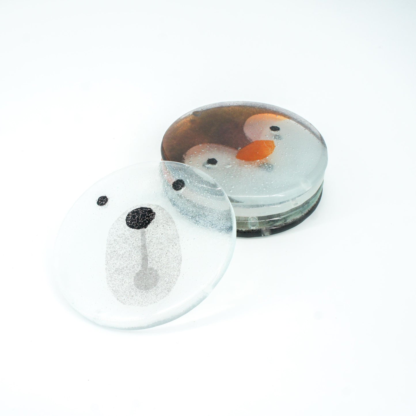 set of 2 animal round fused glass coasters with robin, seal, fox, penguin, polar bear