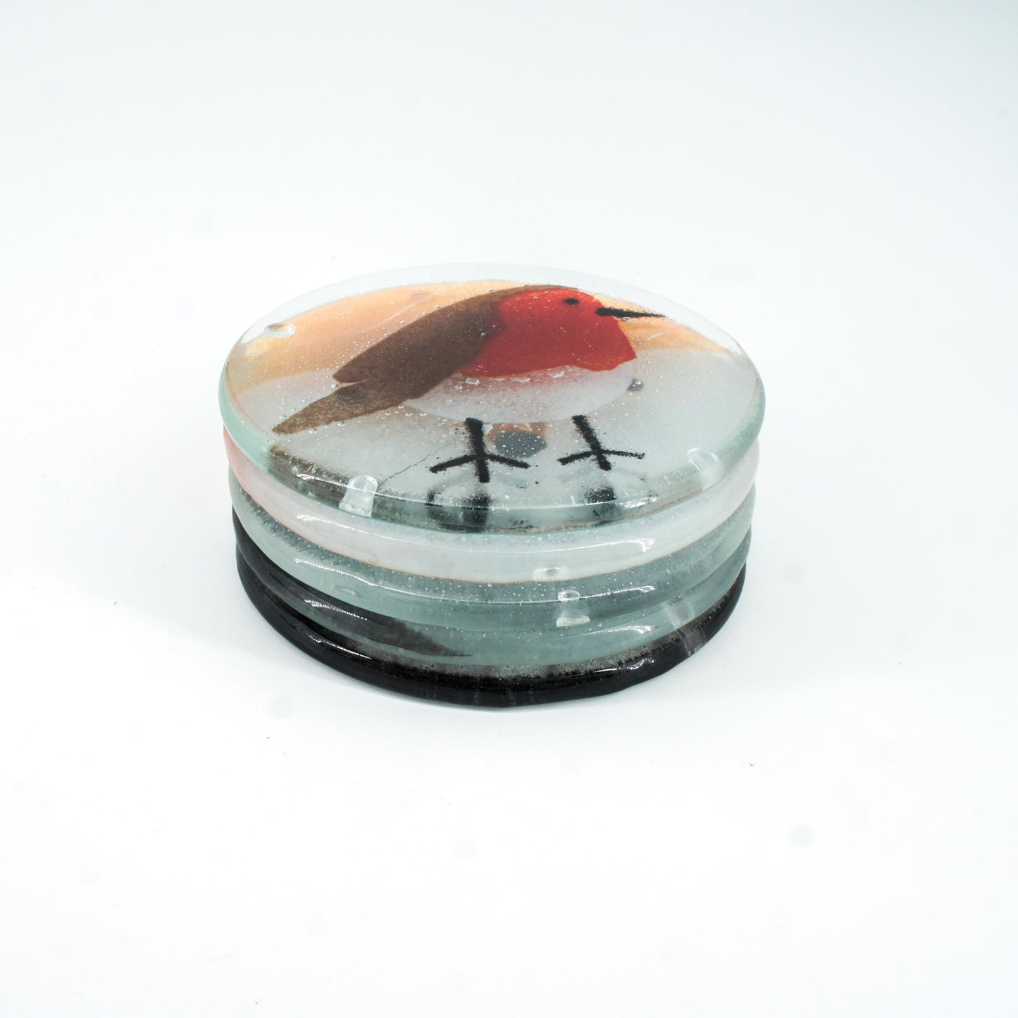 set of 2 animal round fused glass coasters with robin, seal, fox, penguin, polar bear