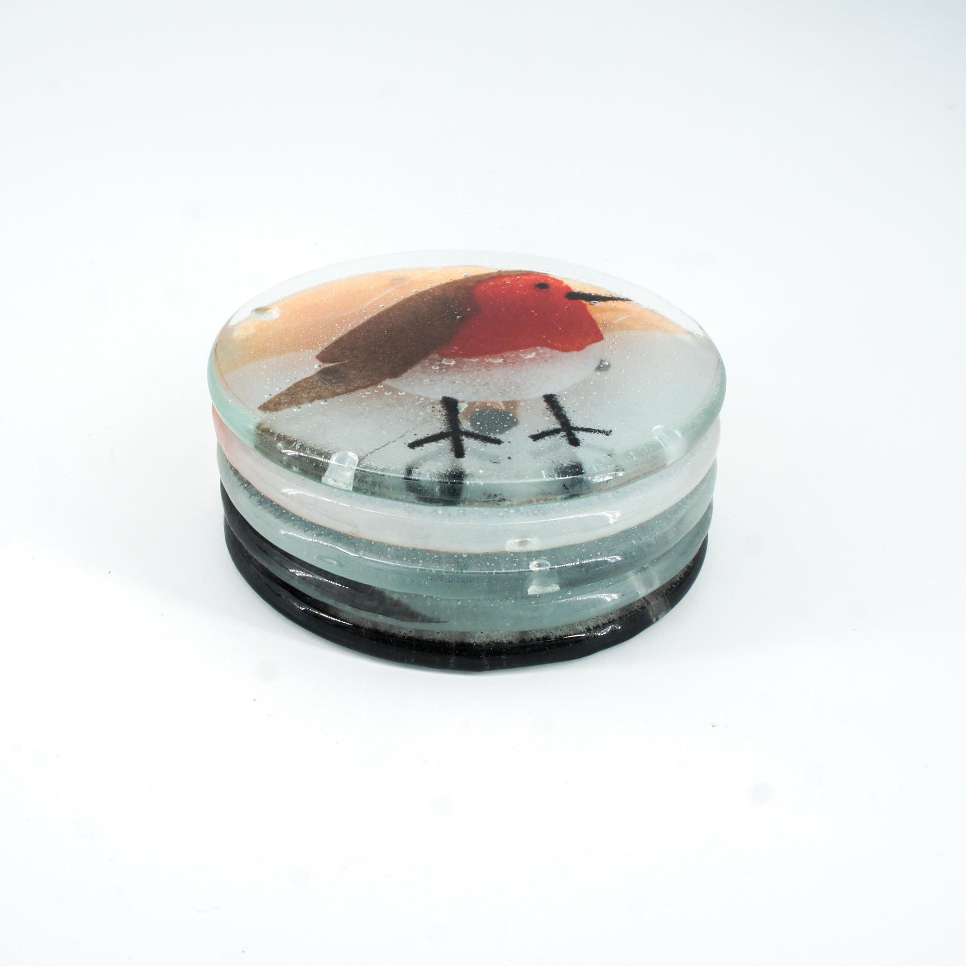 set of 4 animal round fused glass coasters with robin, seal, fox, penguin, polar bear 11cm with bumpers, white ribbon, gift note